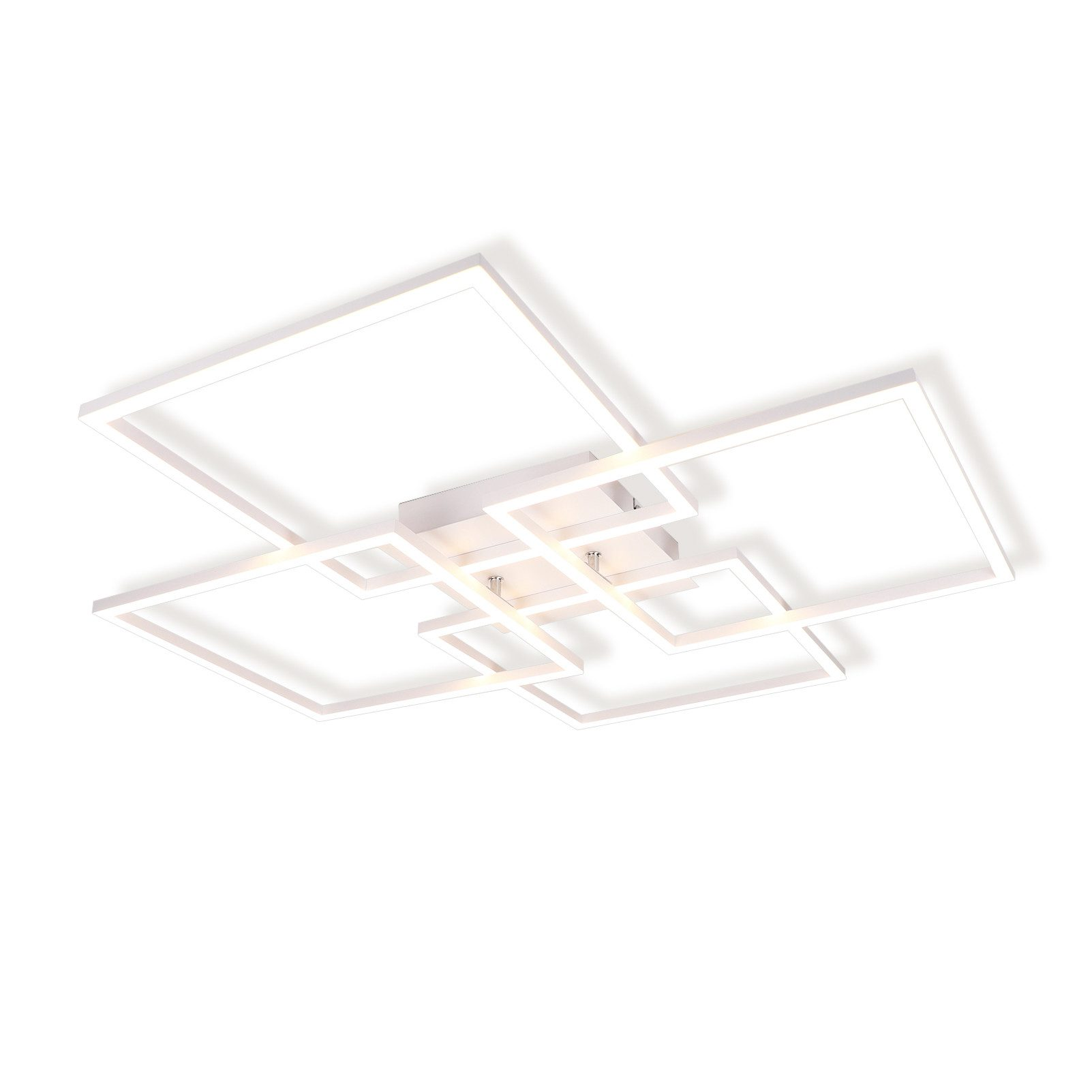 Biała lampa sufitowa o geometrycznym kształcie, ma kwadratowe ramy. Jest na białym tle.