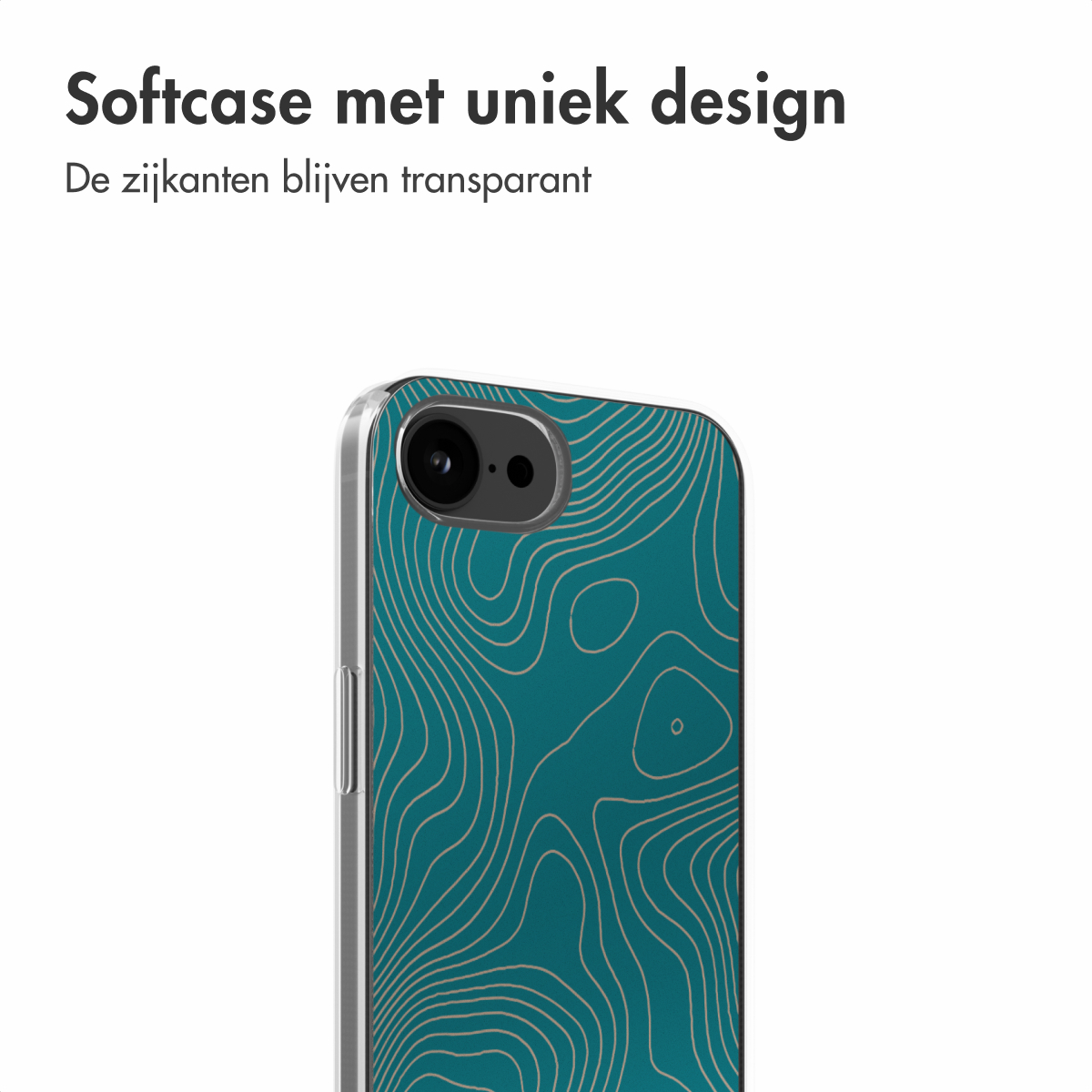 Nahaufnahme einer Handyhülle mit einem teal- und beigefarbenen topografischen Design. Text oben, weißer Hintergrund.