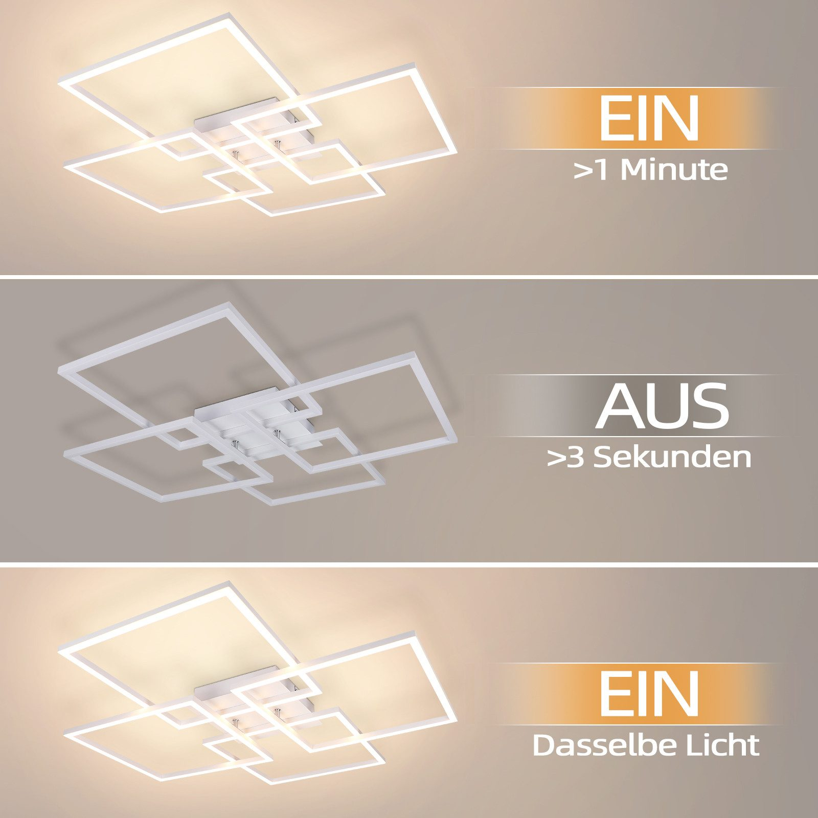 Biała lampa sufitowa o kwadratowym geometrycznym wzorze. Trzy stany światła są pokazane.