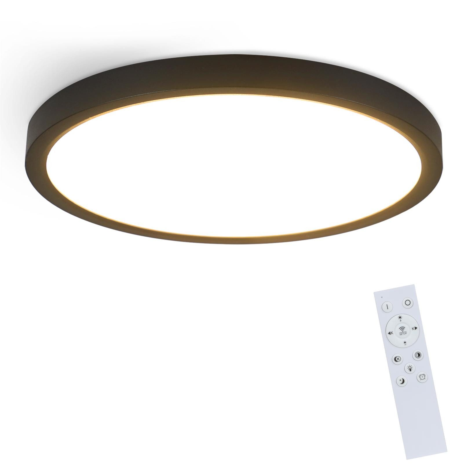 Eine kreisförmige Deckenlampe wird gezeigt. Sie hat einen schwarzen Rahmen und helles weißes Licht. Eine Fernbedienung wird darunter gezeigt.