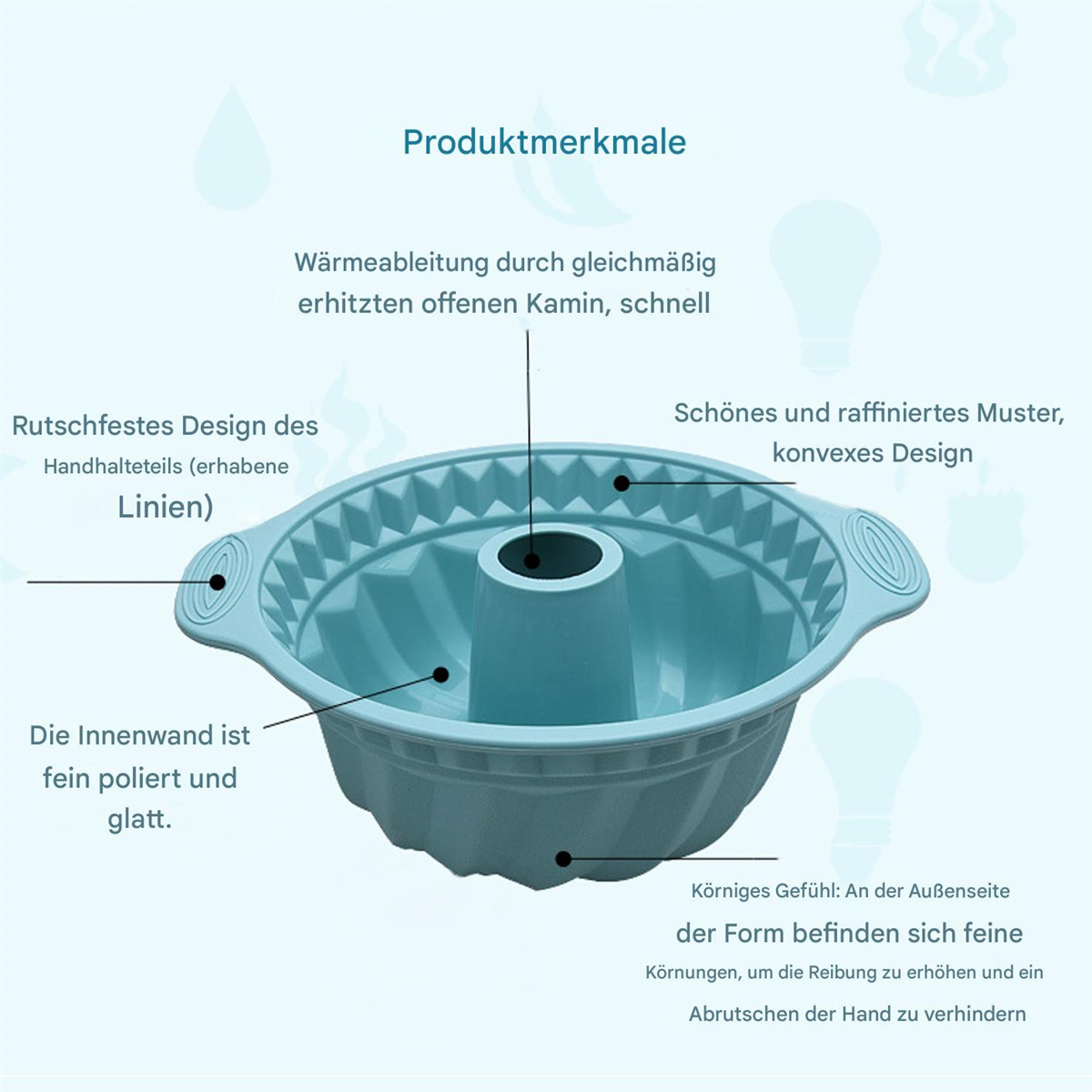 Blaues Gugelhupf-Form mit Merkmalen. Wärmeverteilung und Design.