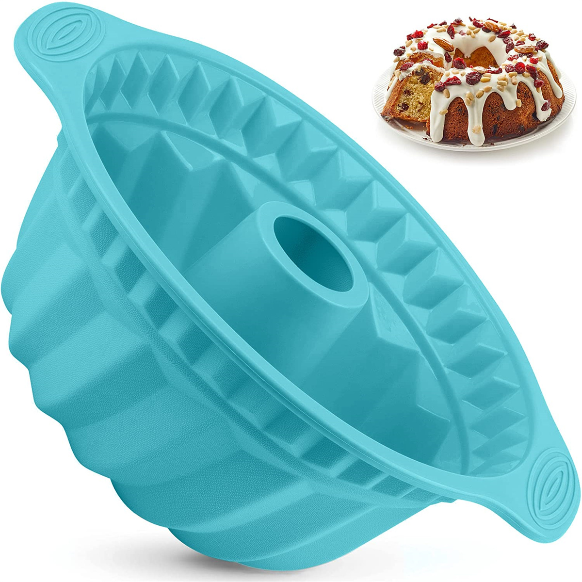 Türkisfarbene Gugelhupf-Backform mit Mittelrohr. Ein fertiger Kuchen mit Glasur und Nüssen wird gezeigt.