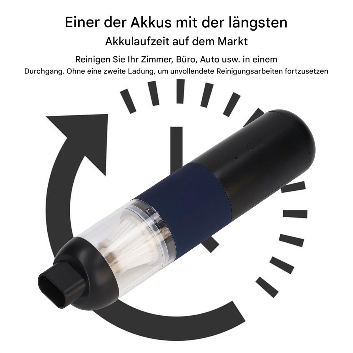 Ein schwarz-blauer Staubsauger mit transparentem Staubbehälter und einem weißen Pfeil, der den Staubsauger umkreist.