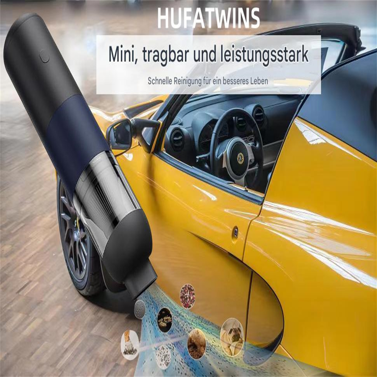 Ein blau-schwarzer Staubsauger reinigt ein gelbes Auto. Schmutzpartikel werden aufgesaugt.