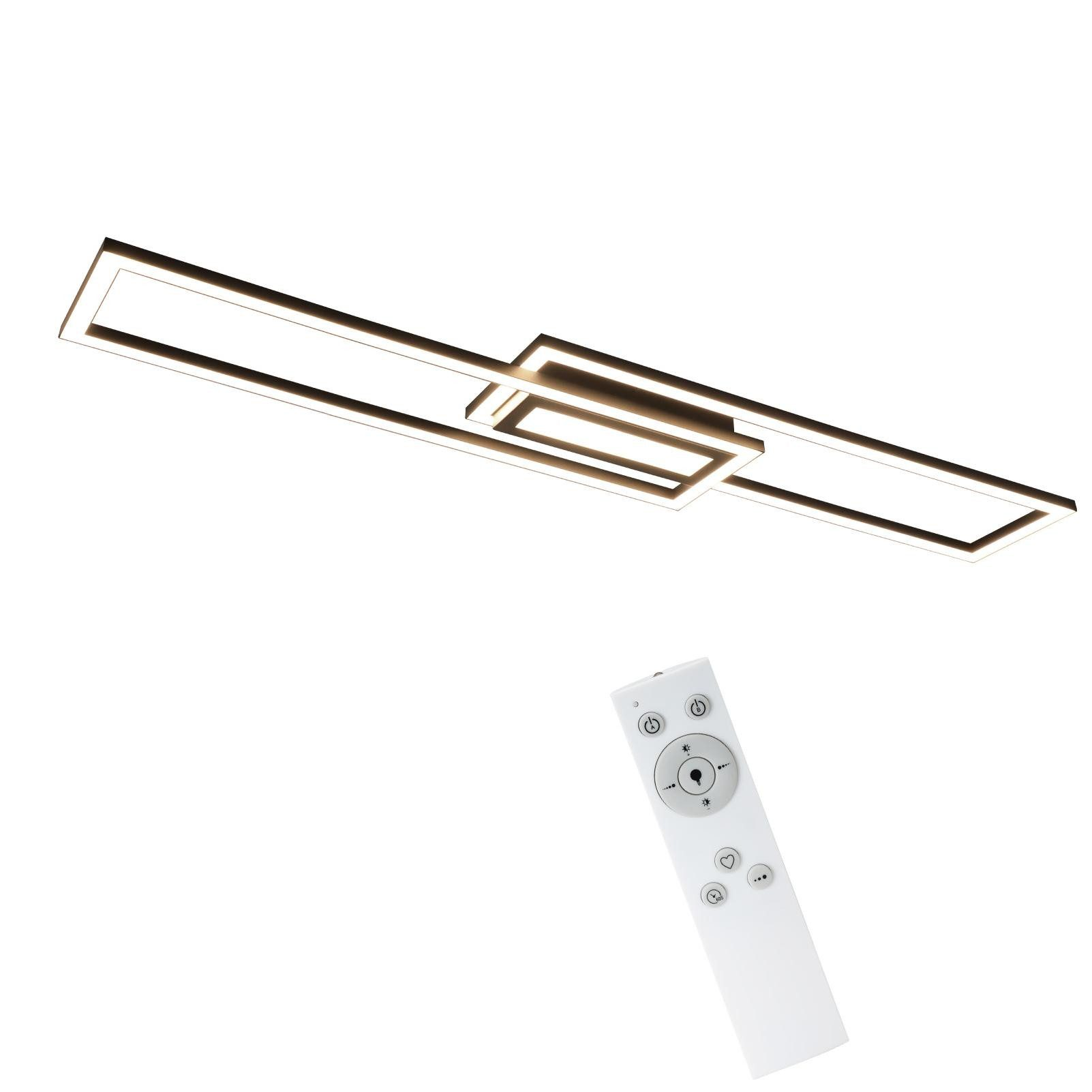 Nowoczesna lampa sufitowa z trzema połączonymi prostokątnymi panelami i pilotem na białym tle.