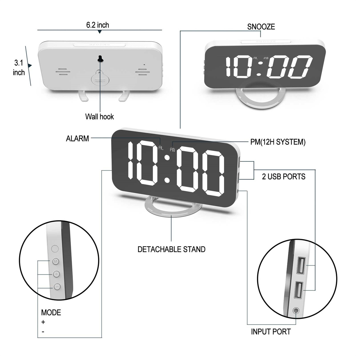 Ein digitaler Wecker mit der Anzeige 10:00 Uhr, mit zusätzlichen Details wie USB-Anschlüssen und einem Ständer.