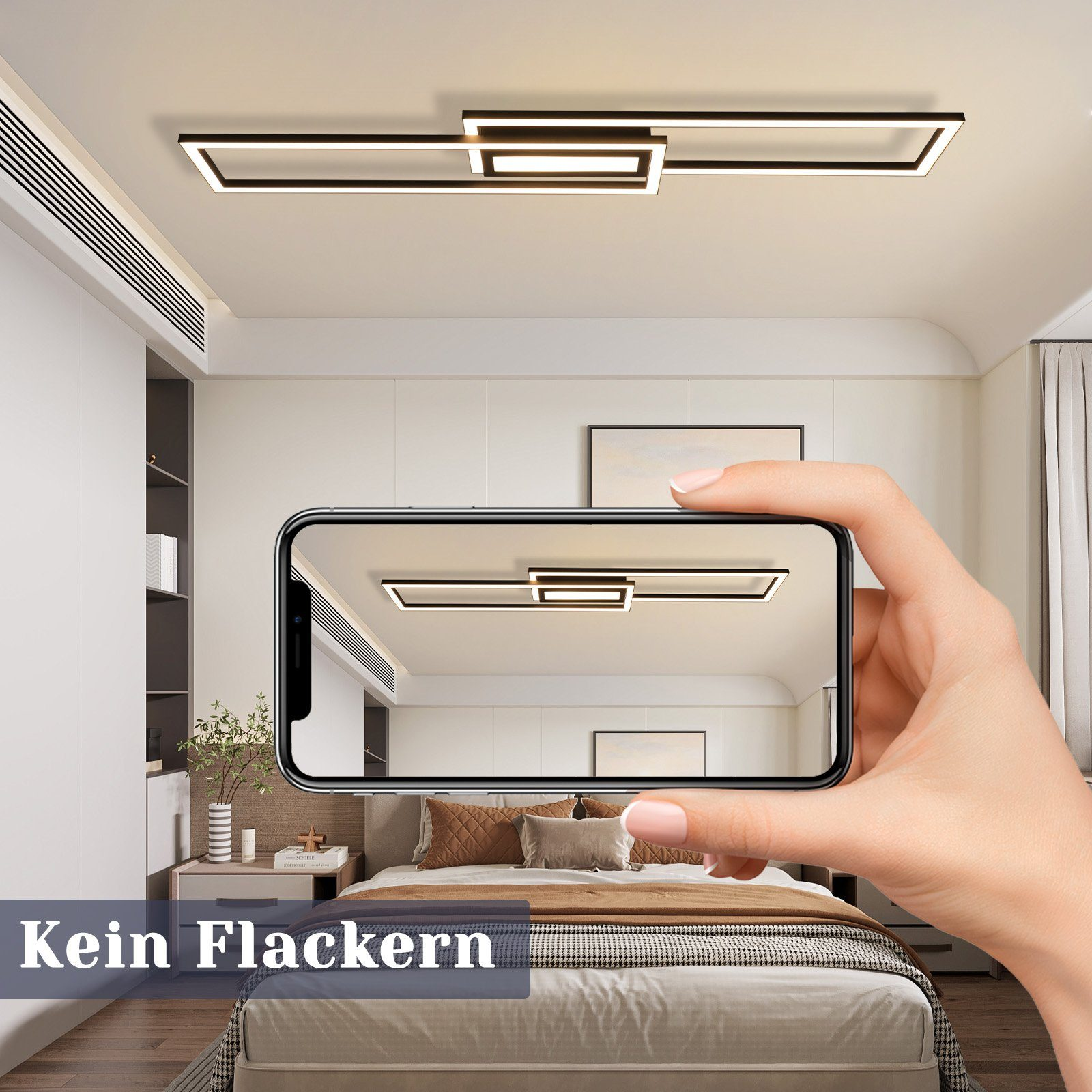 Una mano sostiene un teléfono, mostrando una luz de techo, sobre una cama. La imagen está en un dormitorio.