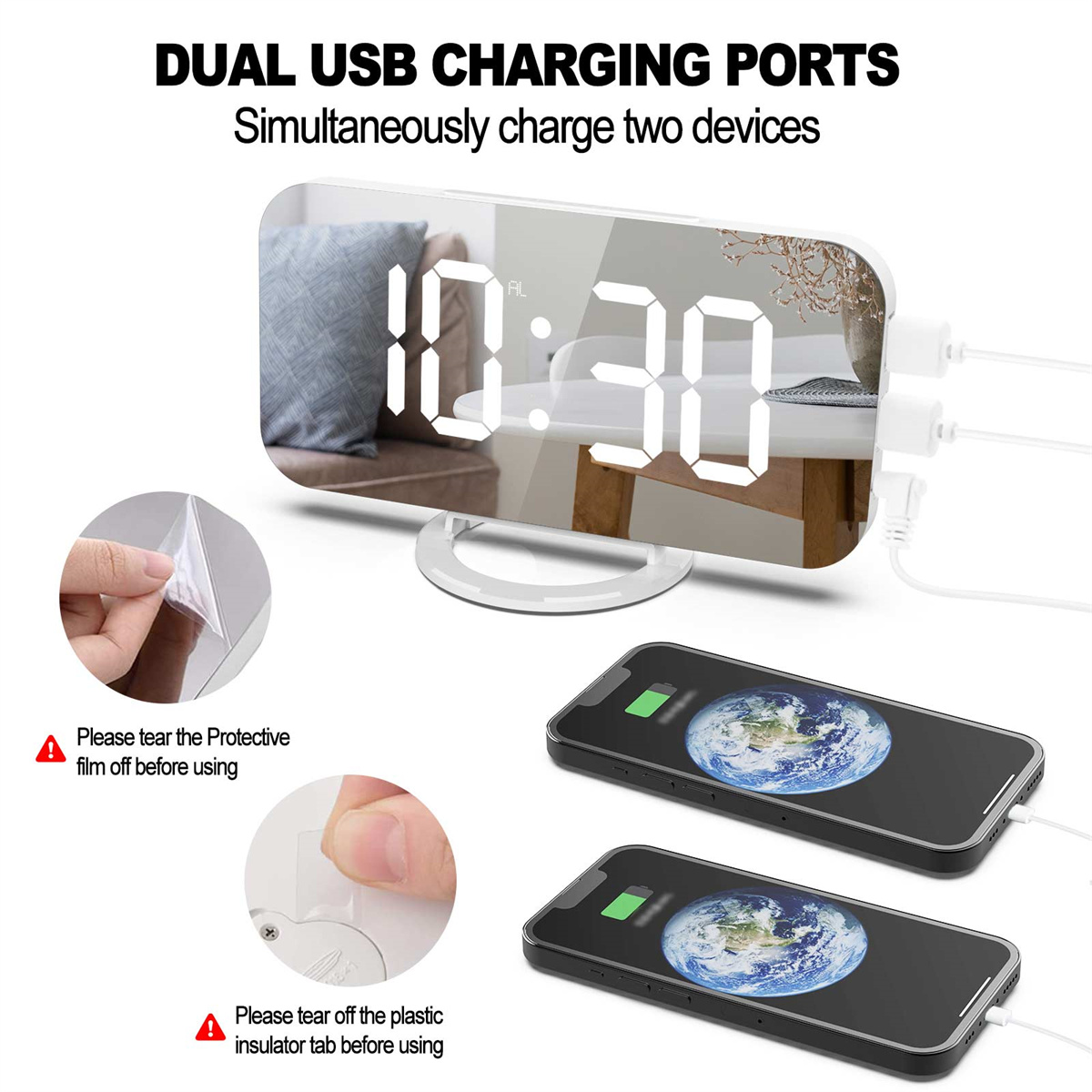 Digitaler Wecker mit zwei Telefonen, die über USB geladen werden. Texte: Dual USB Charging Ports und Film abreißen.