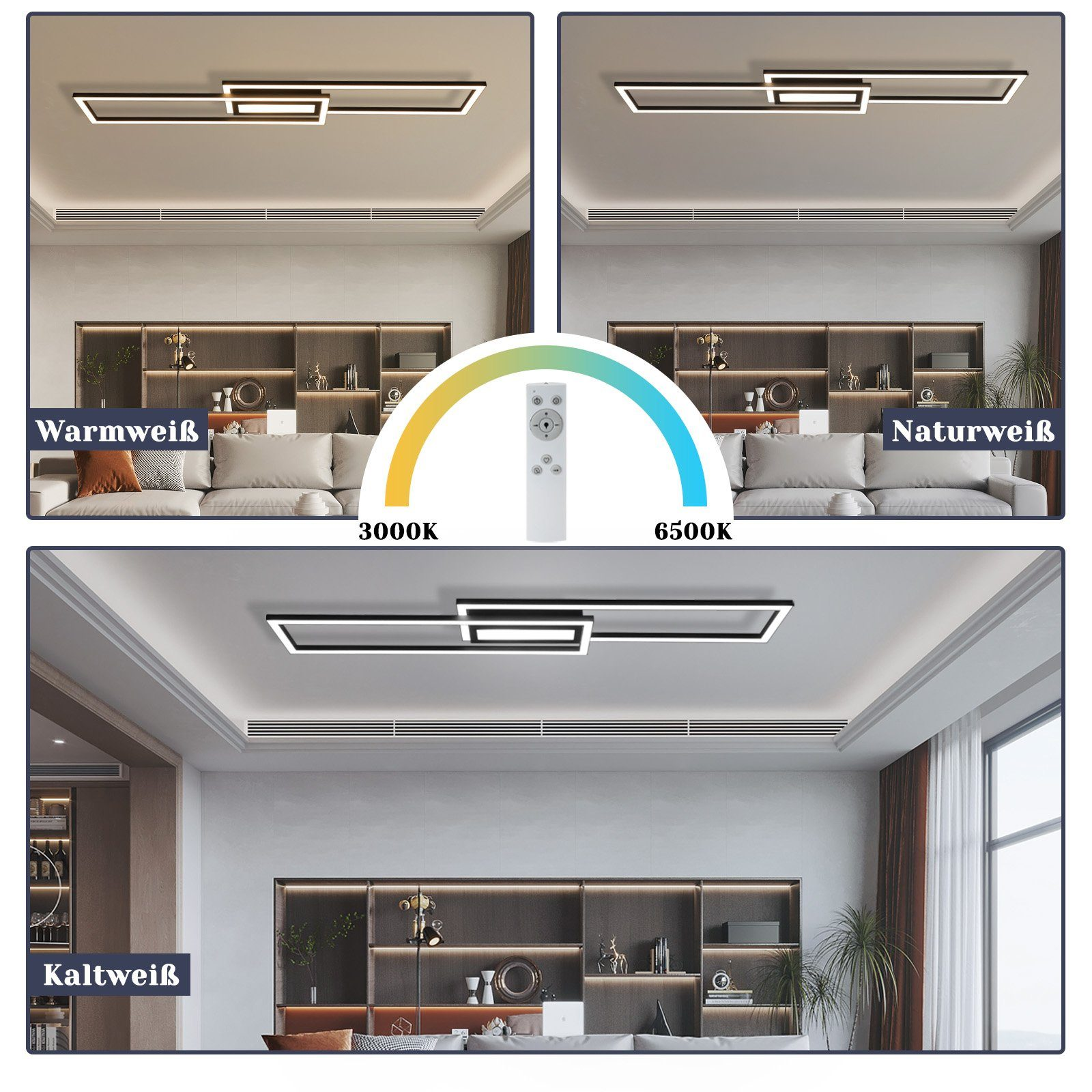 Trzy obrazy lampy sufitowej o różnych temperaturach barwowych.