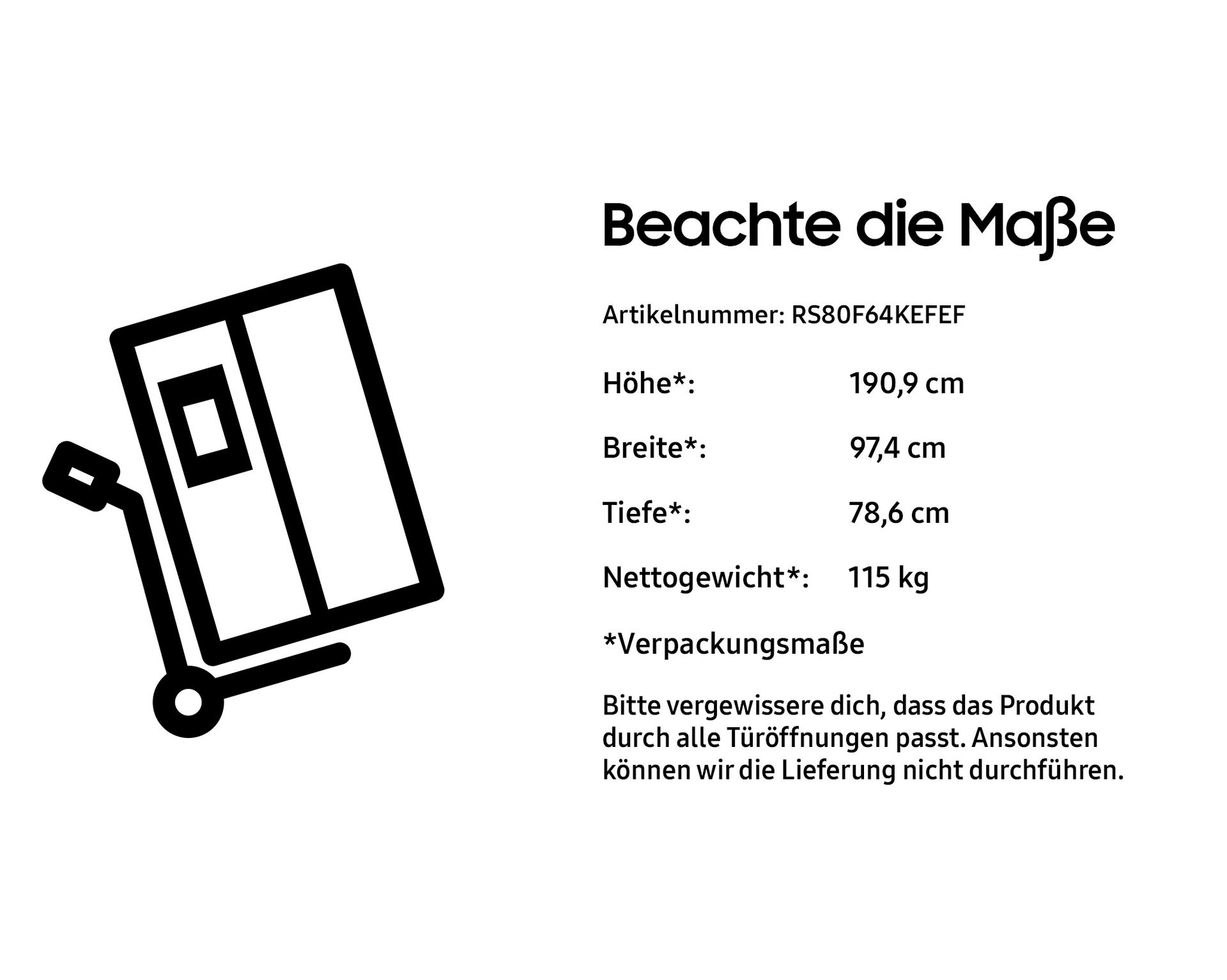 Czarno-biała ilustracja przedstawiająca wózek z paczką i informacjami o wymiarach.