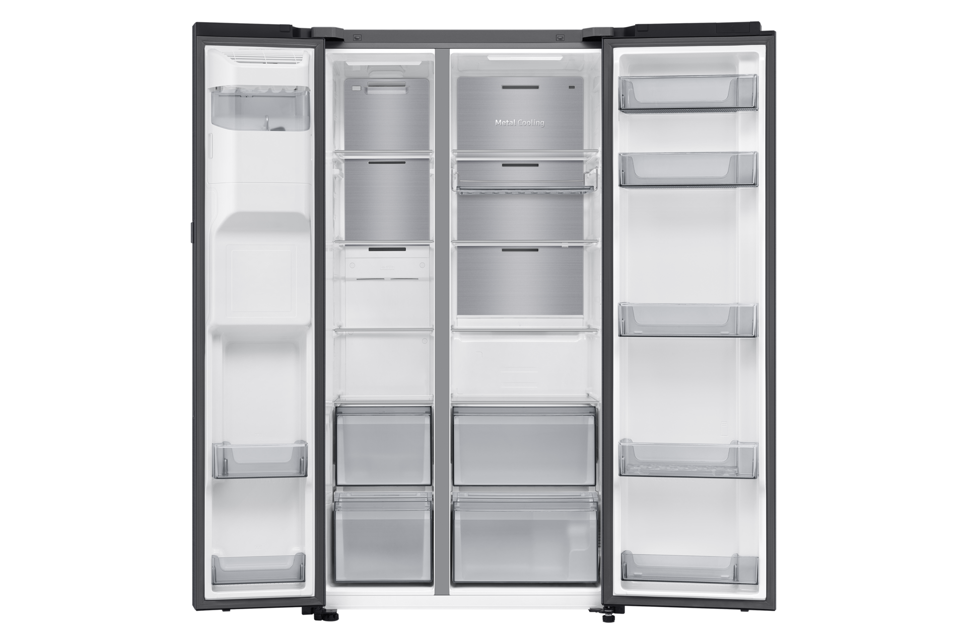 Otwarta, pusta lodówka z wieloma półkami, szufladami i przegrodami. Jest w kolorze ciemnoszarym.