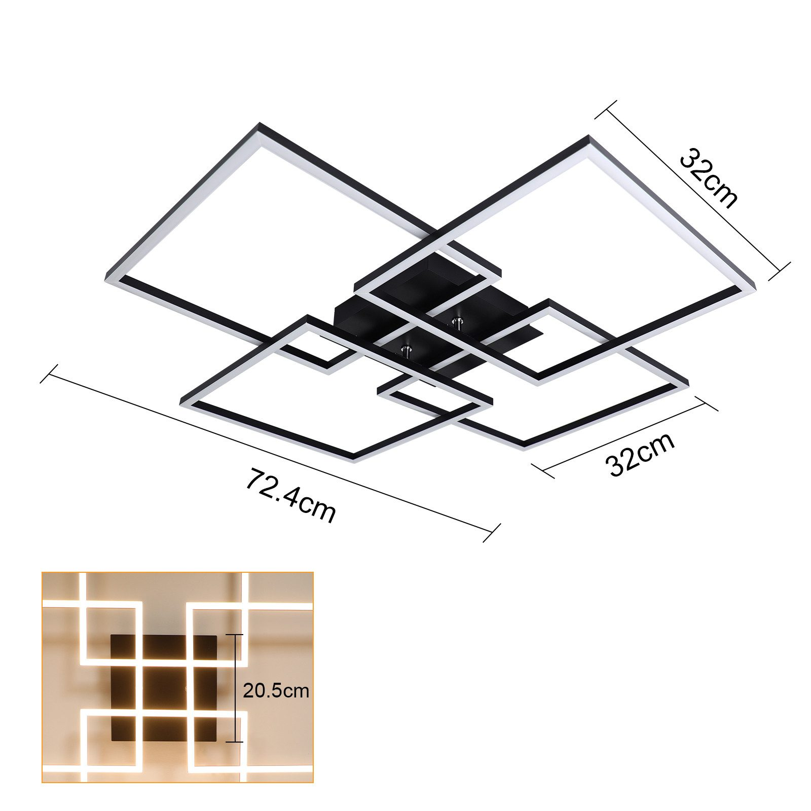 Kwadratowa lampa sufitowa z czarno-białym geometrycznym wzorem i pokazanymi wymiarami.