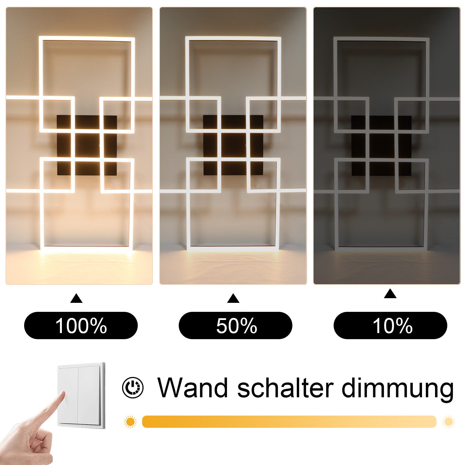 Światła LED montowane na ścianie z trzema ustawieniami jasności: 100%, 50% i 10%.