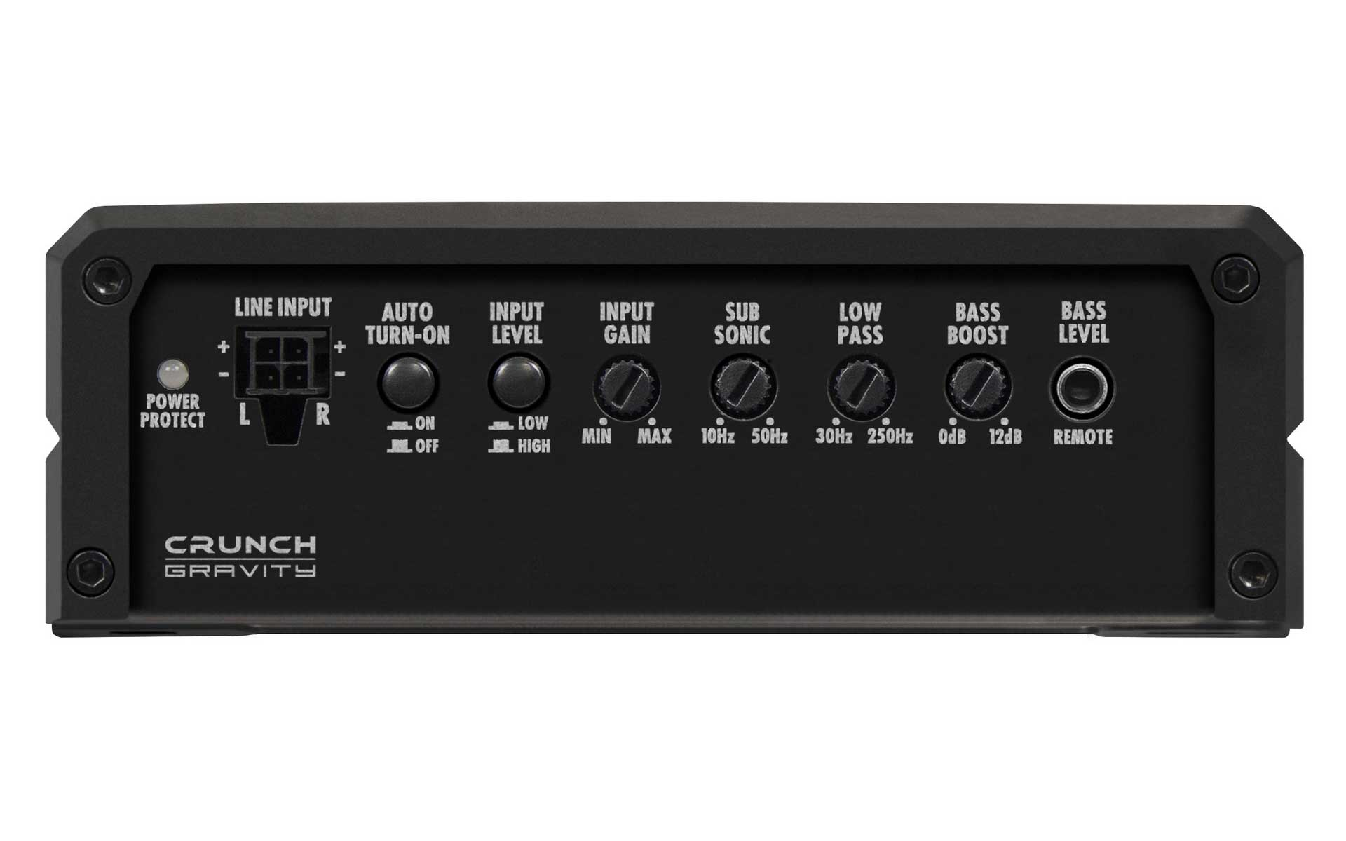Schwarzer Auto-Audioverstärker mit mehreren Bedienknöpfen und Anschlussports. Produktname: Crunch Gravity.