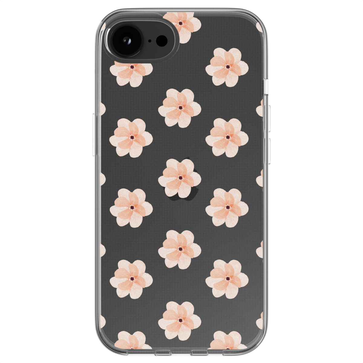 Smartphone-Hülle mit einem floralen Muster aus rosa Blumen auf schwarzem Hintergrund.