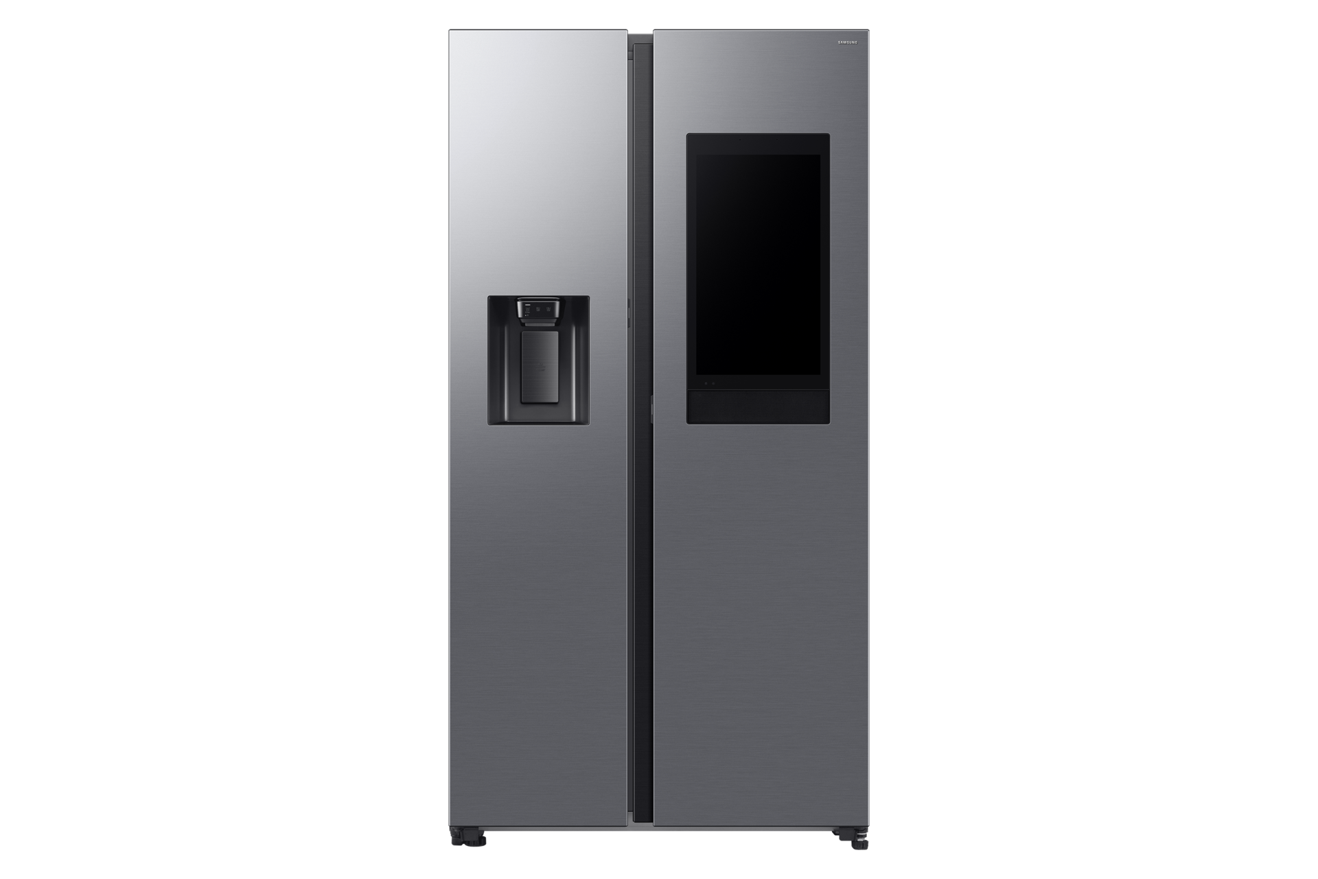 Nowoczesna lodówka ze stali nierdzewnej z dwiema drzwiami i ekranem na prawych drzwiach.