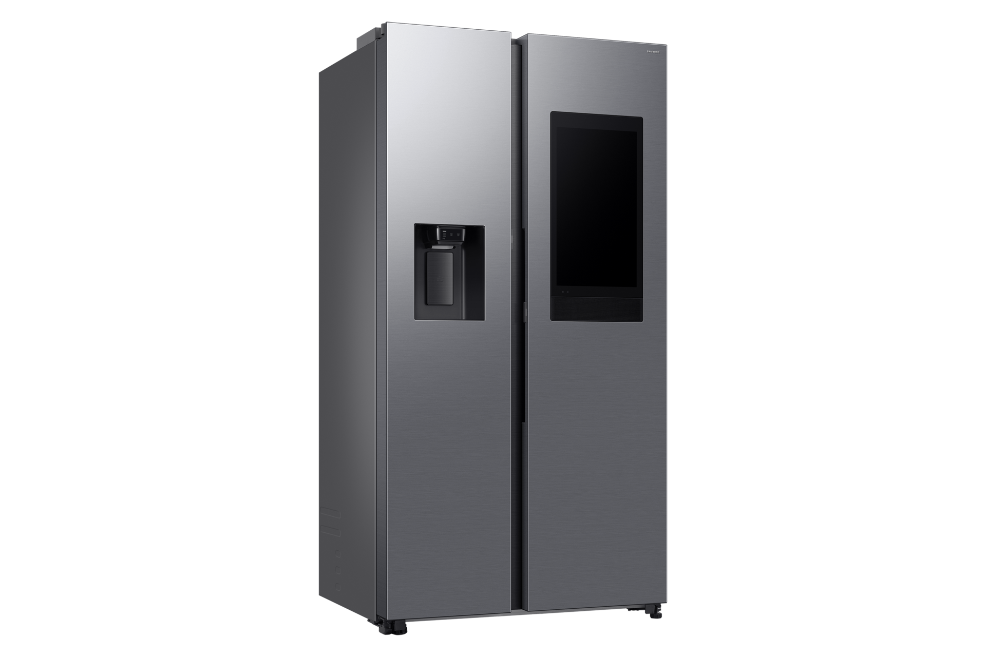 Lodówka typu side-by-side ze srebrnym wykończeniem i ekranem dotykowym na prawych drzwiach.