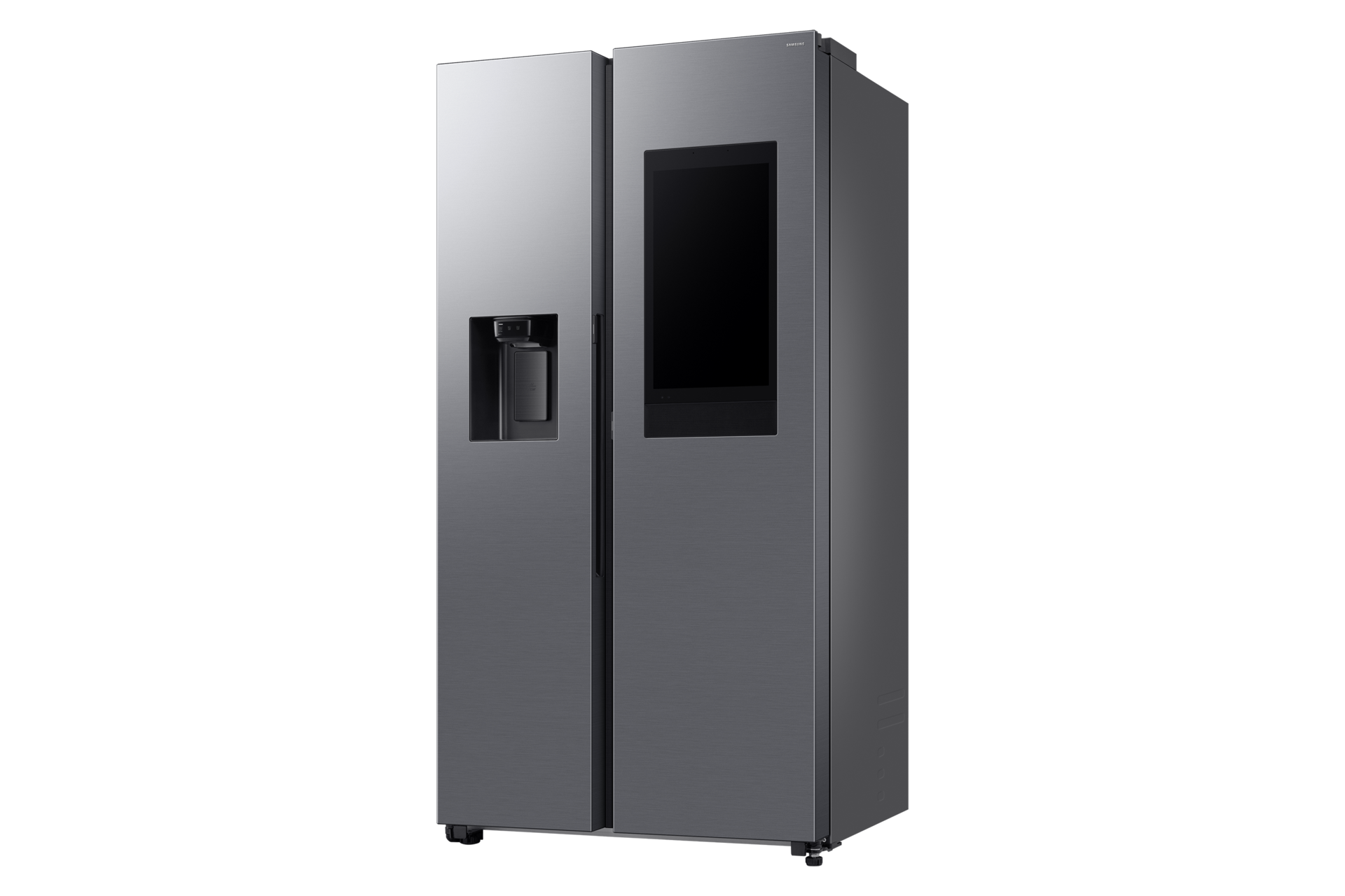 Czarna lodówka z ekranem na drzwiach i dozownikiem wody. Czarne tło.