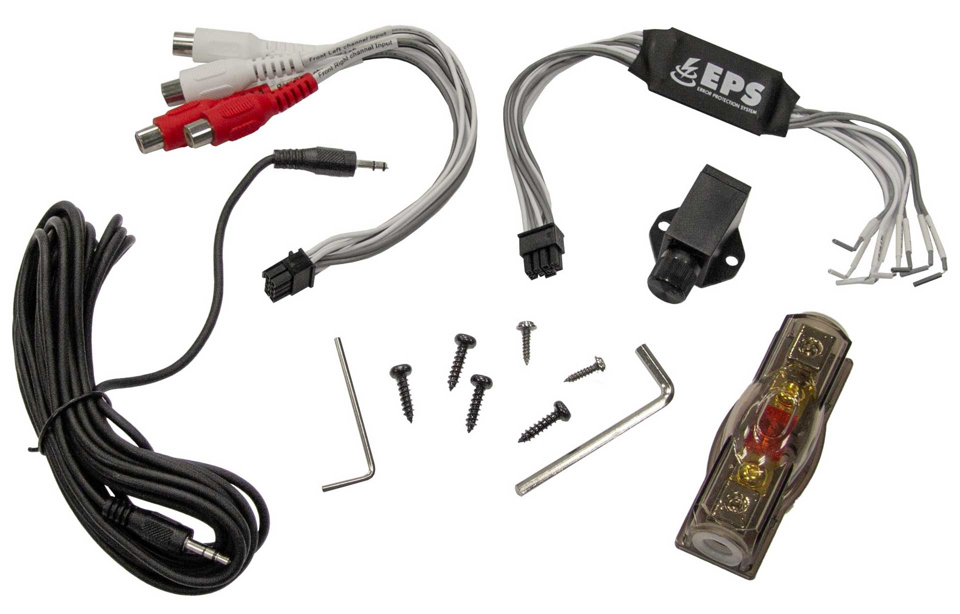 Eine Sammlung von Auto-Audiokomponenten, einschließlich Kabeln, Schrauben und Steckern.