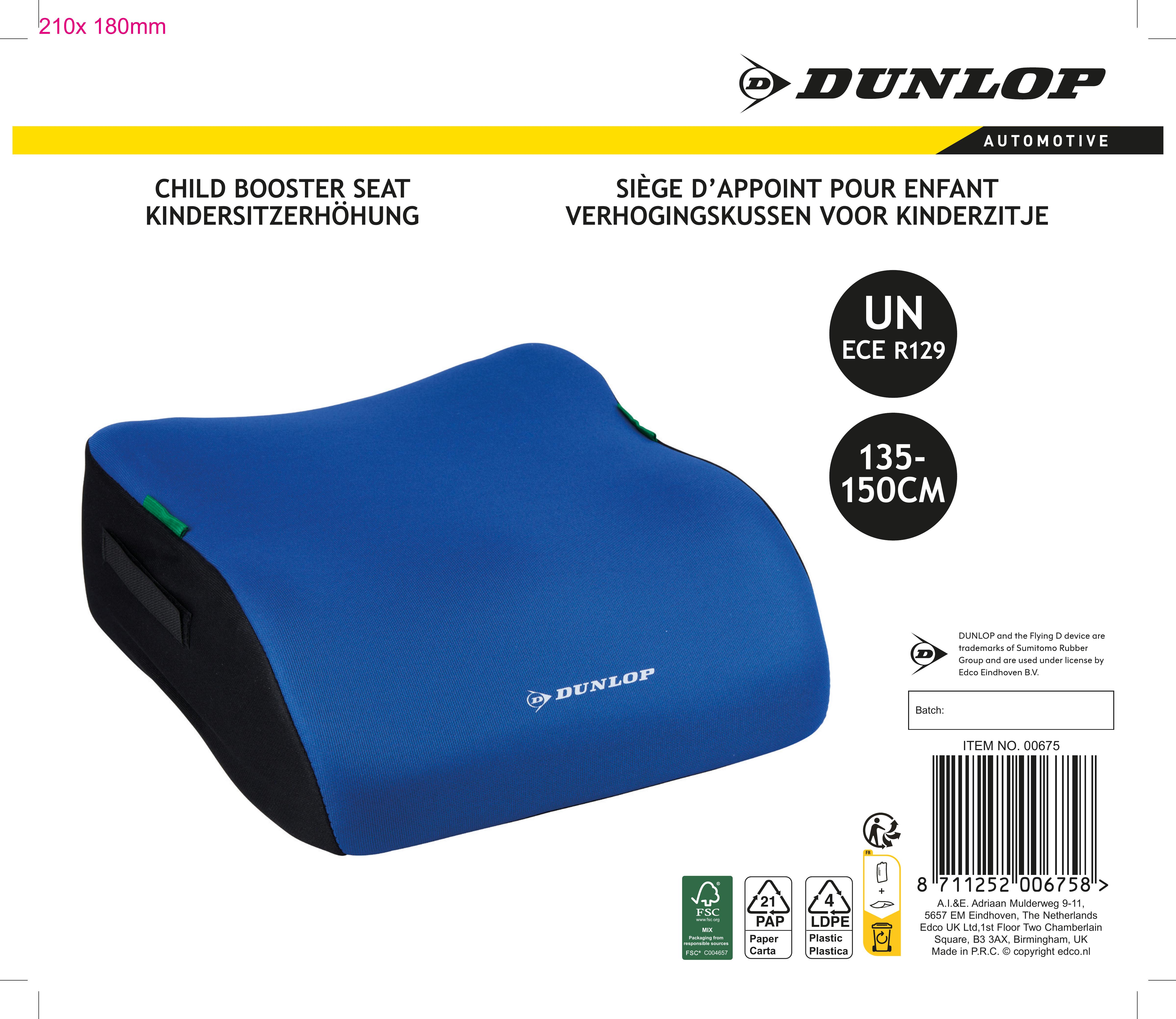 Een kinderzitje in blauw en zwart met branding en tekst.