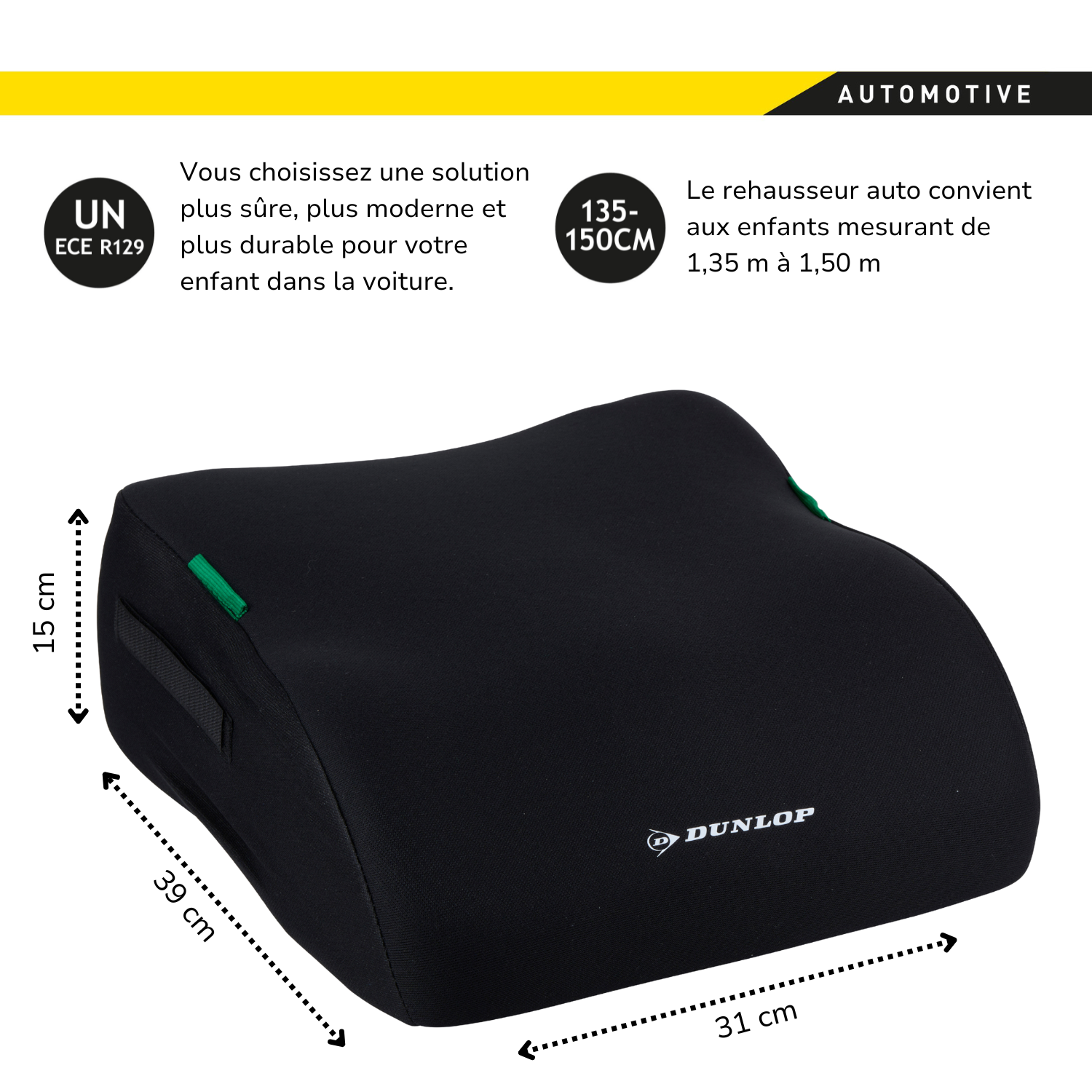 Zwarte autostoelverhoger met groene accenten, 39x31x15 cm, merk Dunlop. Automotive product.