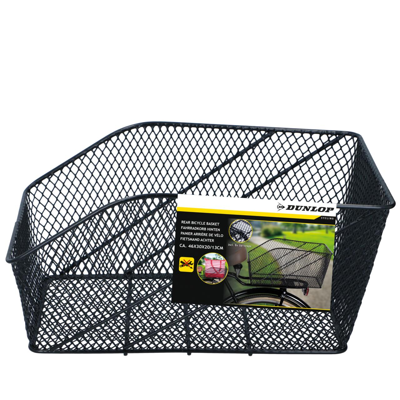 Zwarte fietsmand van draadgaas met een productlabel, witte achtergrond.