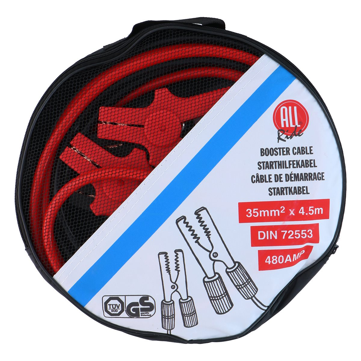 Een rode startkabel kit in een zwarte ronde tas.