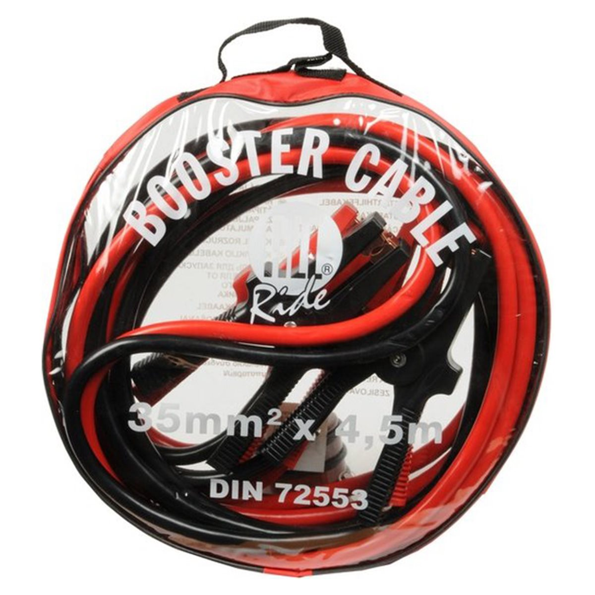 Rode en zwarte startkabels in een doorzichtige ronde tas. De tekst zegt 'Booster Cable'.
