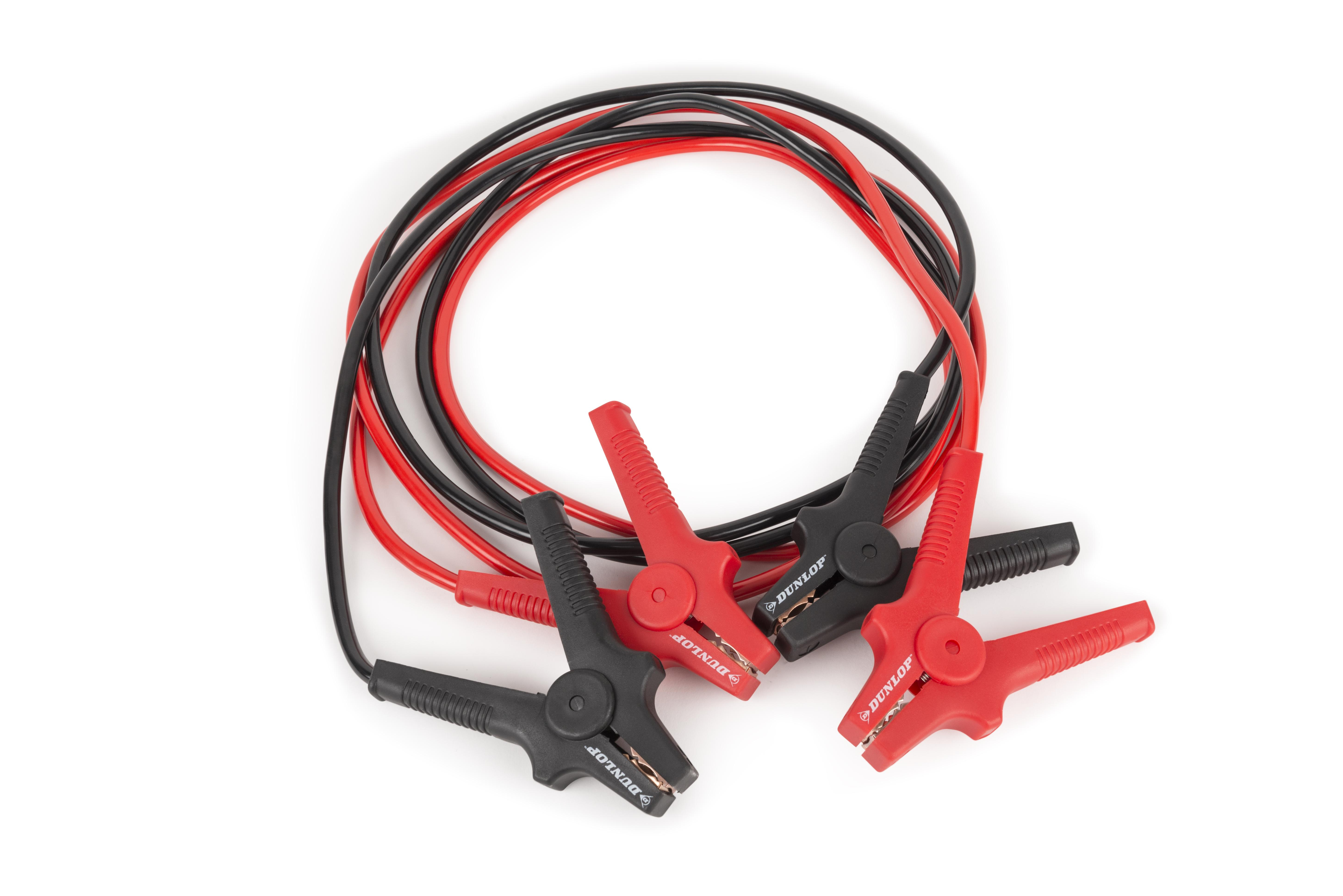 Red and black jumper cables on a white background. The clamps are visible.