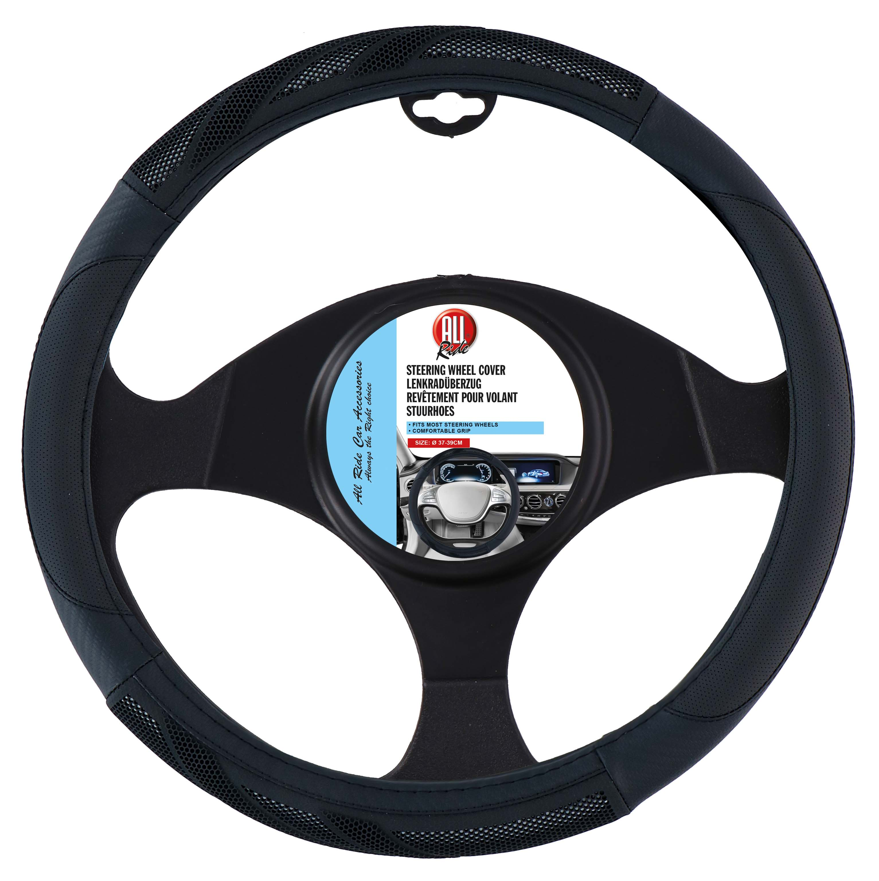 Black steering wheel cover with a product label. The cover has a textured grip surface.