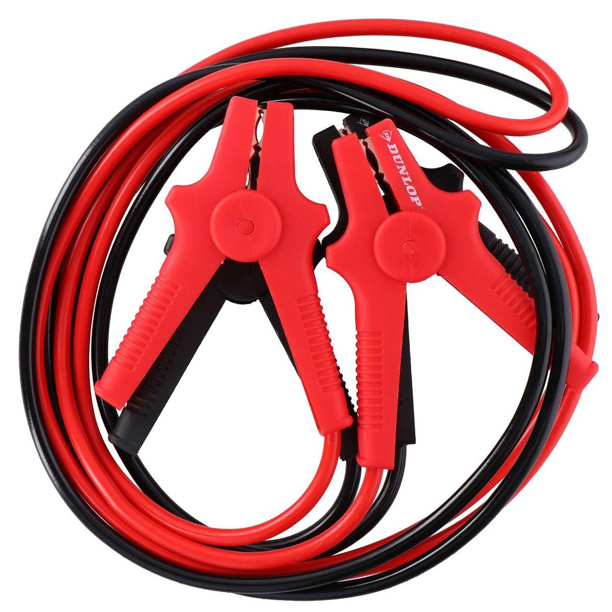 Dunlop jumper cables, red and black, on a white background.