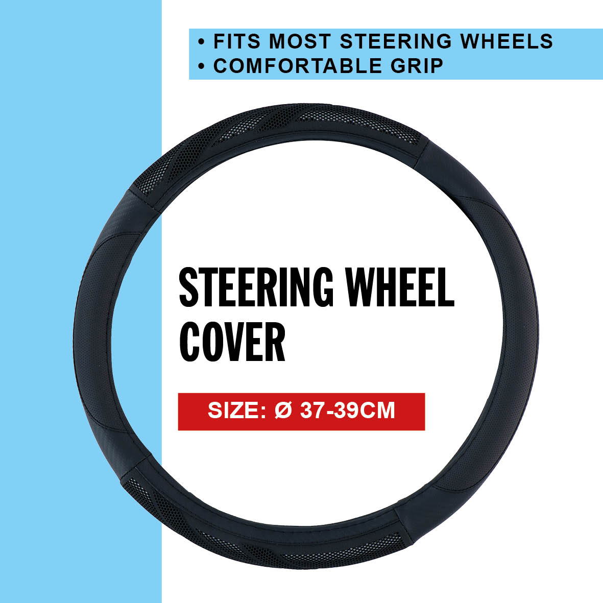 Black steering wheel cover. The text 'STEERING WHEEL COVER' is on the product.