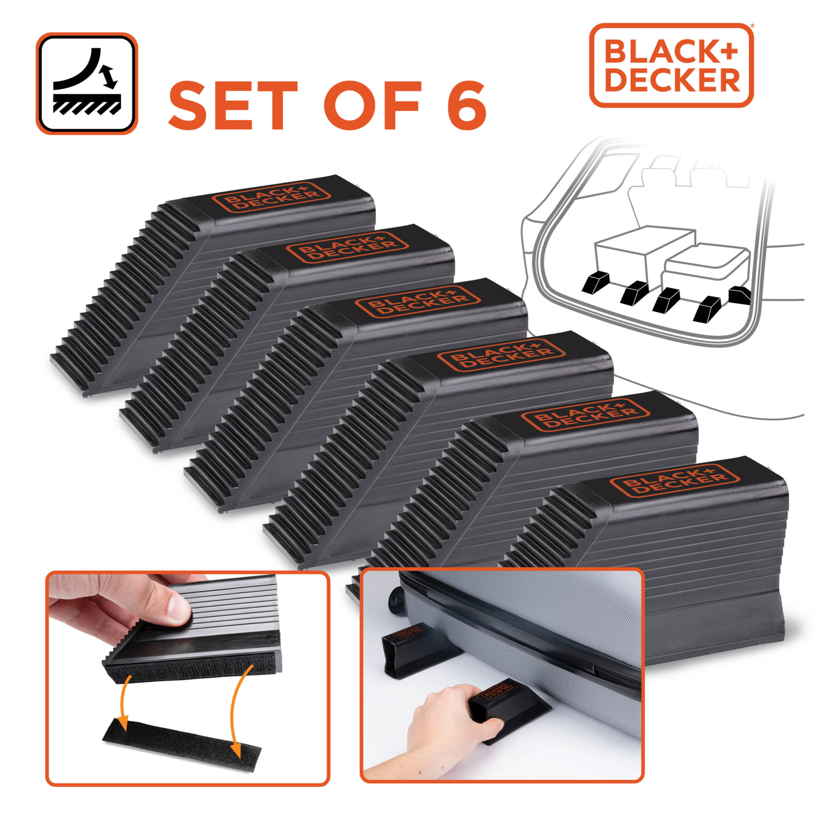 Set van zes zwarte, getrapte blokken, met BLACK+DECKER logo's. Klittenband wordt getoond.