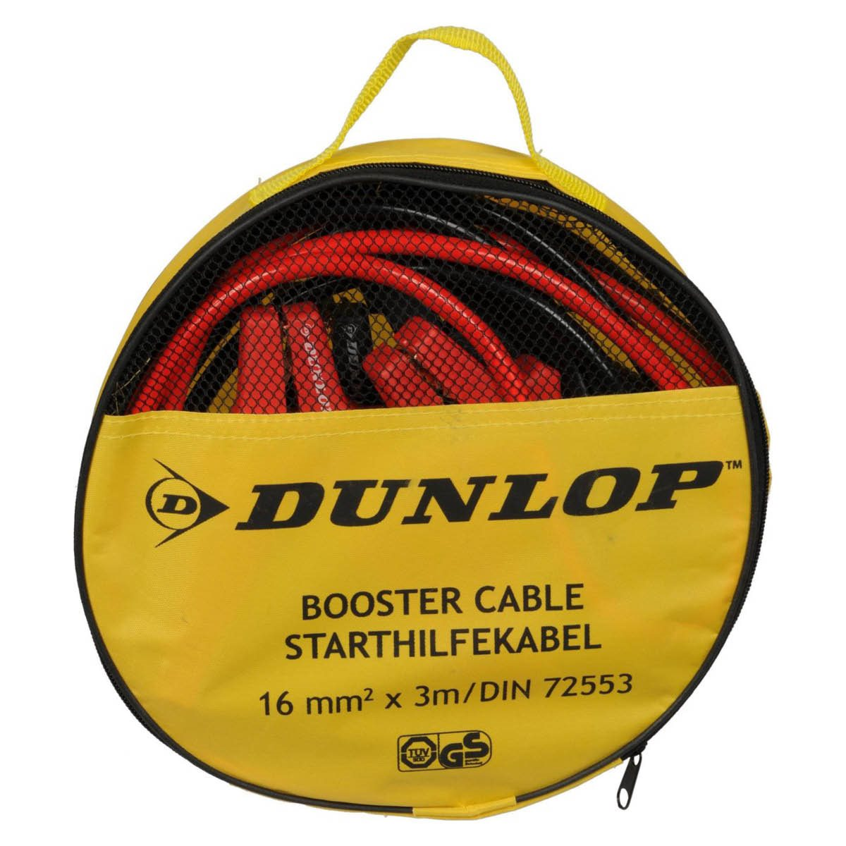 Yellow Dunlop booster cable bag with red and black cables visible inside.