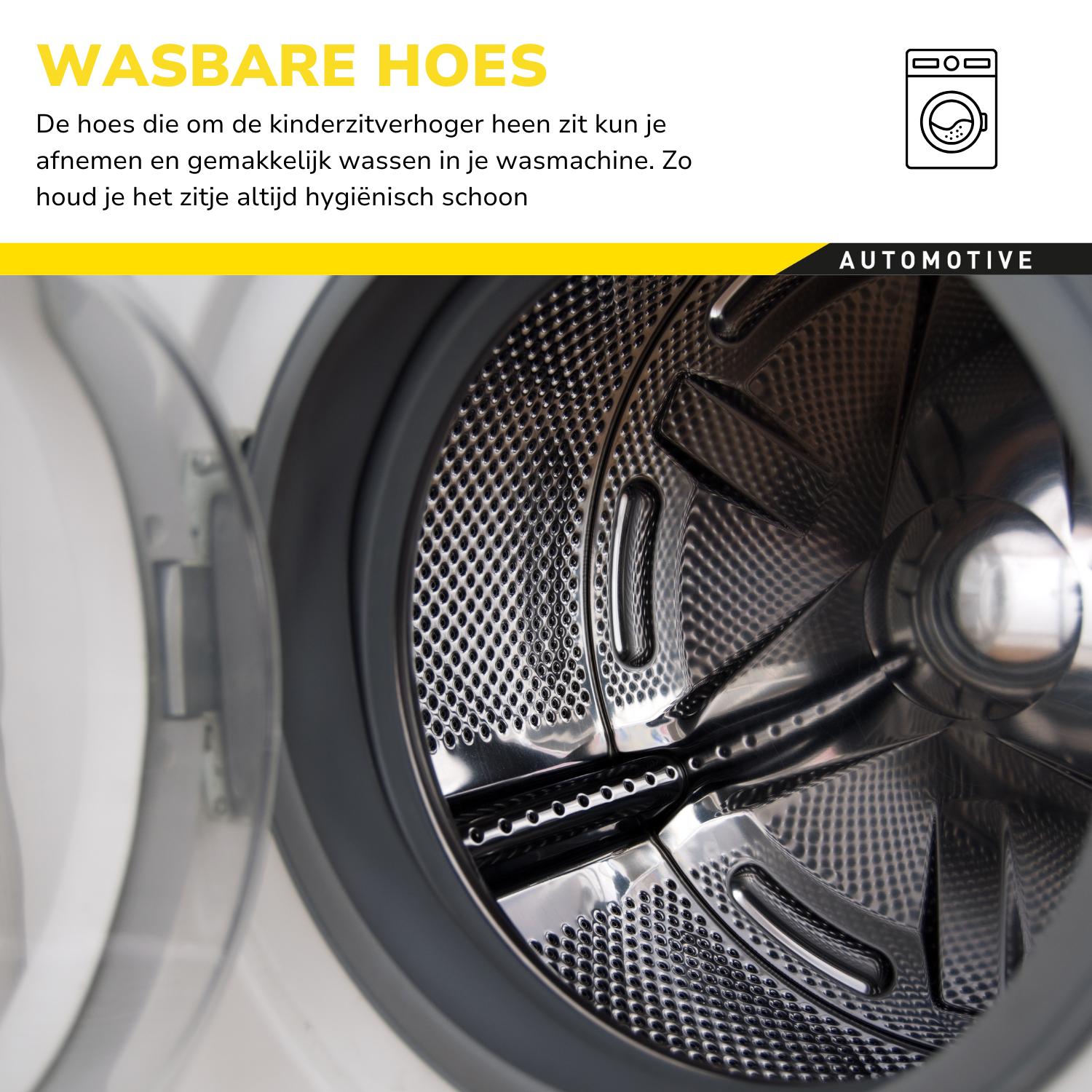 Binnenkant van de wasmachine met de deur open, tekst over wasmachineonderhoud.