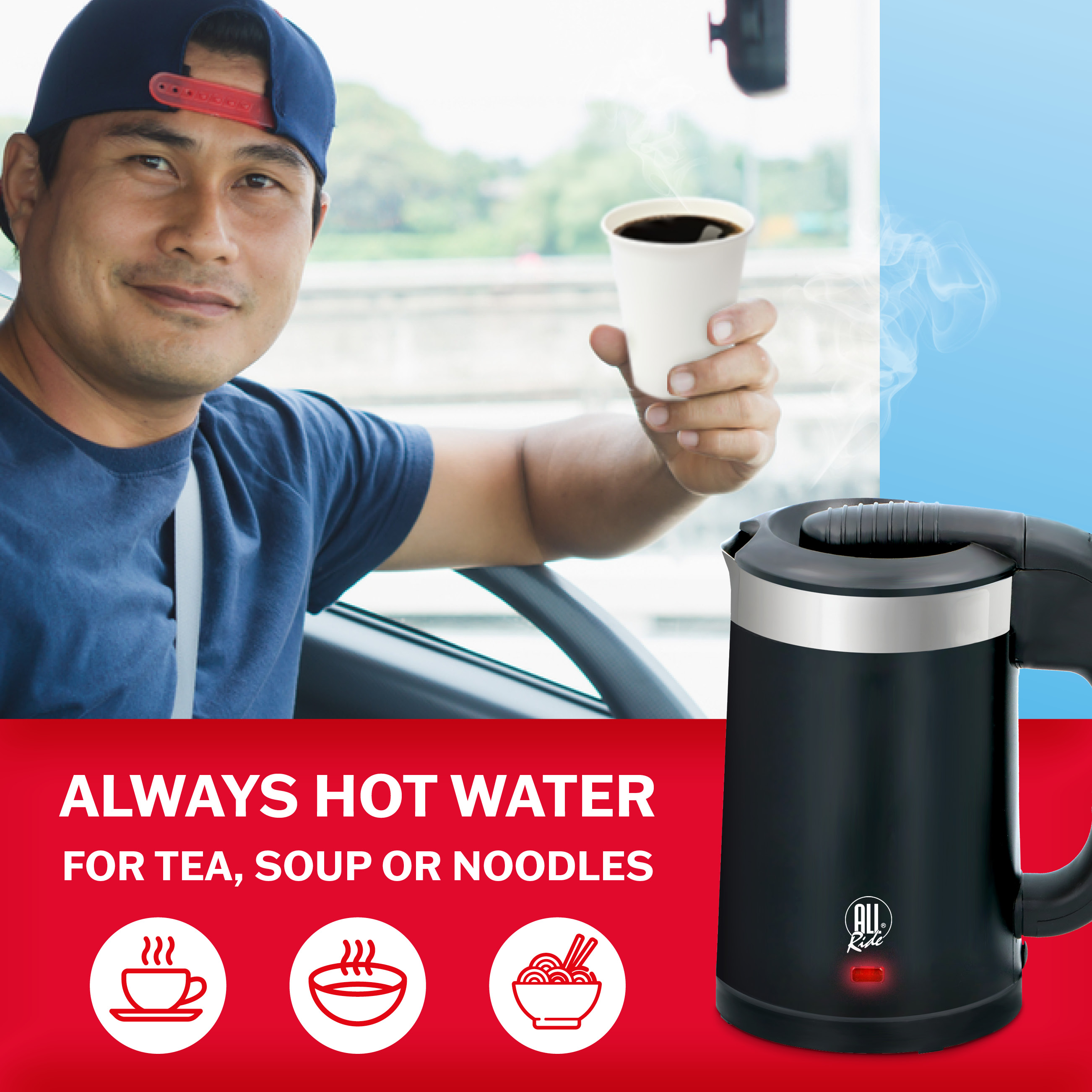 Man on bus holding coffee. Kettle is next to the image, and text reads 'Always Hot Water'.
