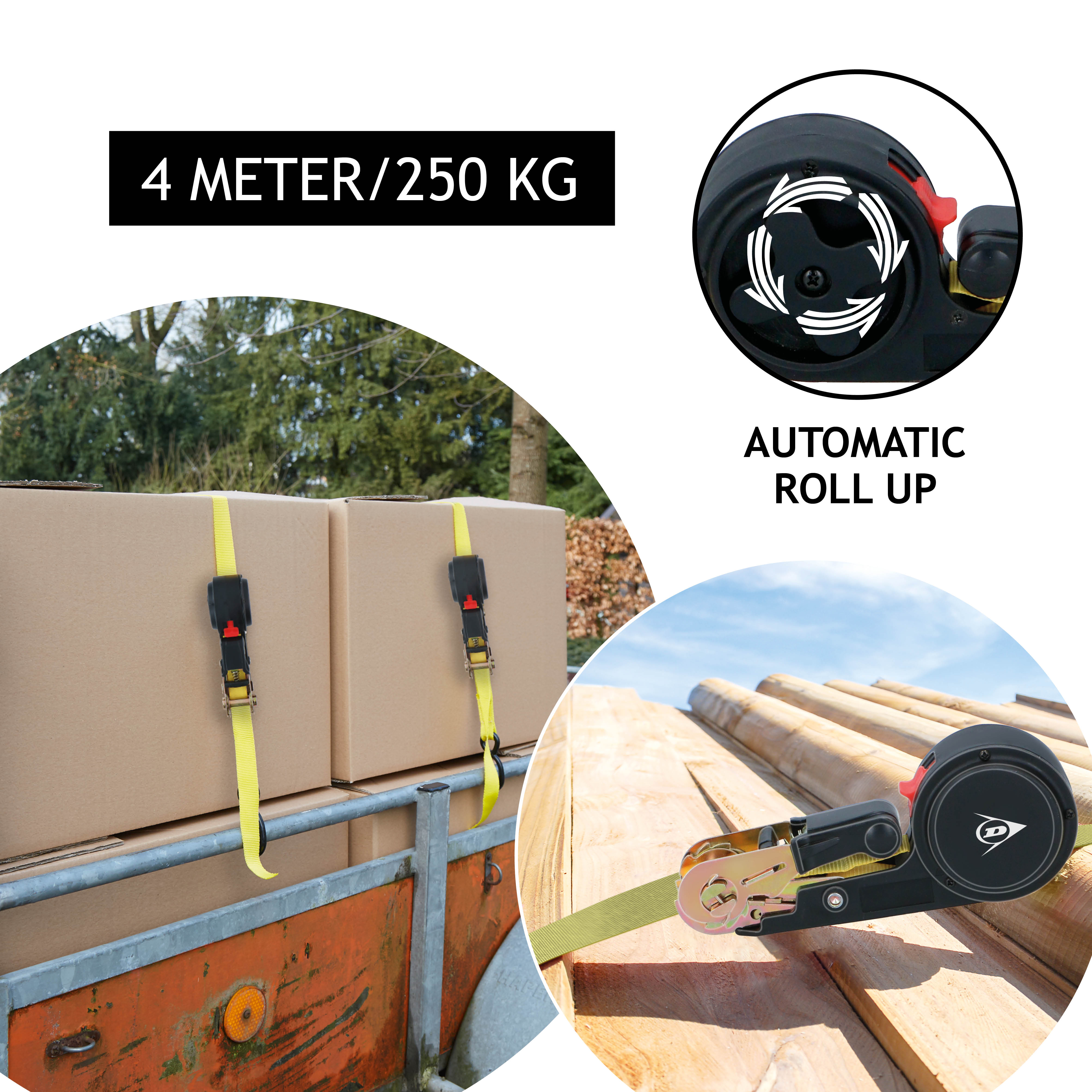 Kisten op een aanhanger vastgezet met gele riemen. Tekst: '4 meter/250 kg' en 'Automatisch oprollen'.