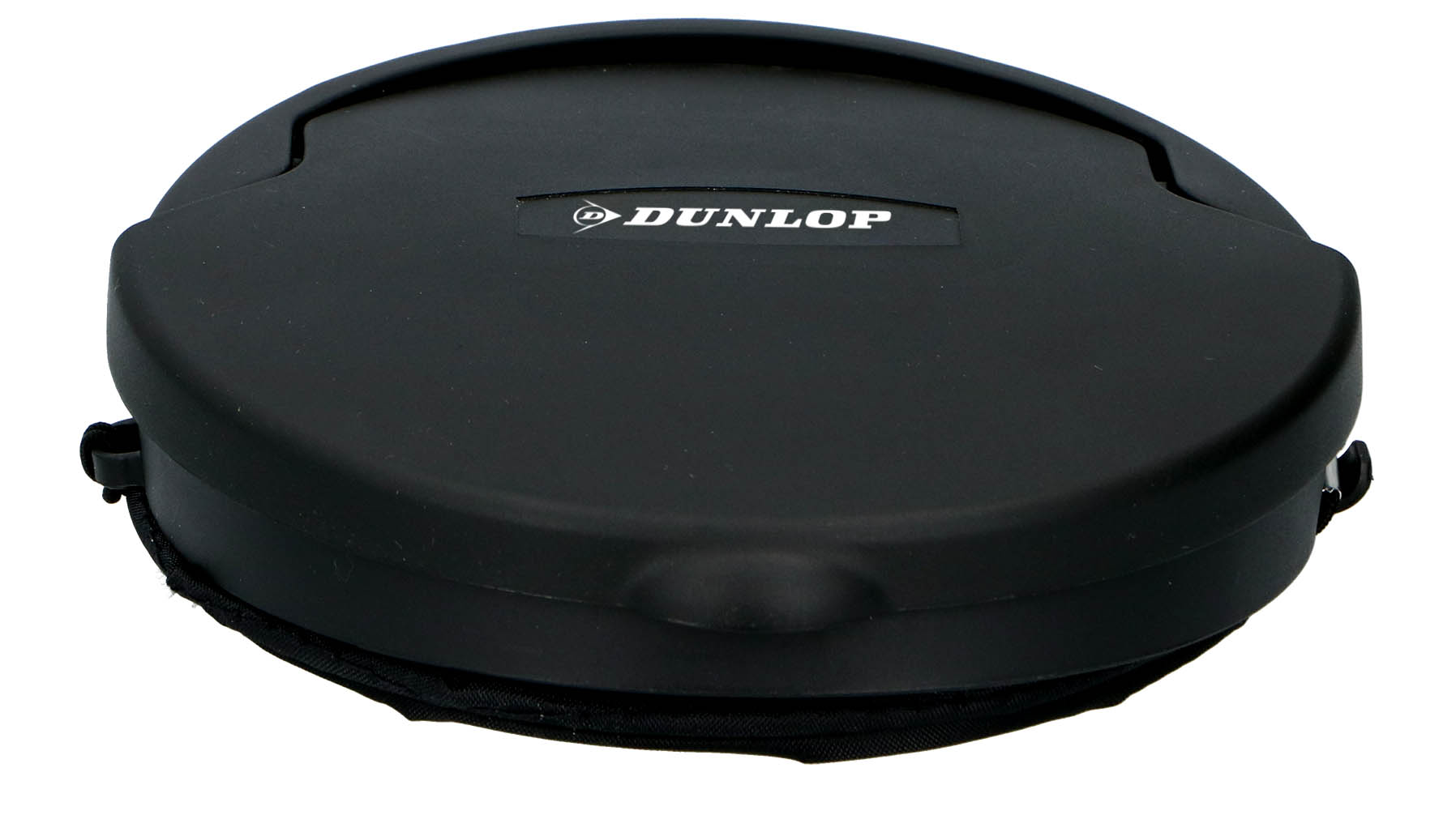 Zwarte, ronde, gesloten container met het DUNLOP-logo erop.