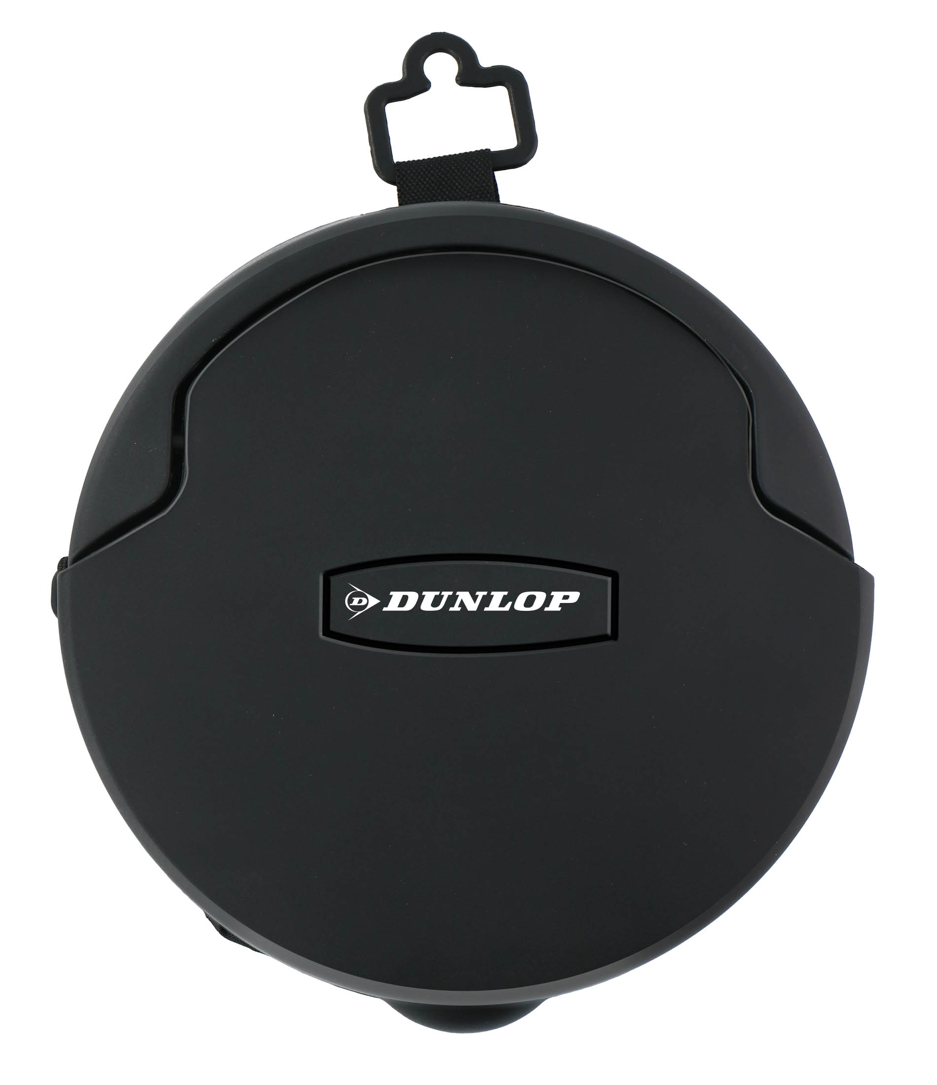 Zwarte ronde koffer met een Dunlop-logo. Het heeft een handvat en een sluitmechanisme.