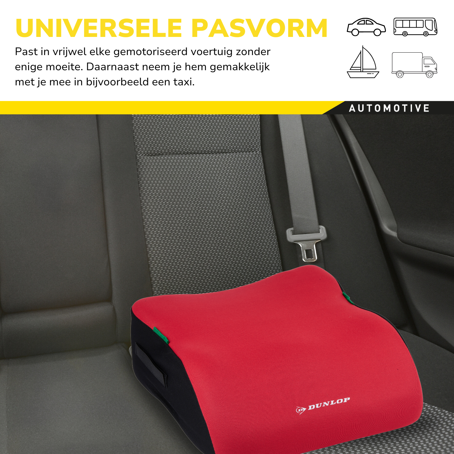 Rood autostoelkussen met een zwarte rand, op een autostoel. Automotive thema.