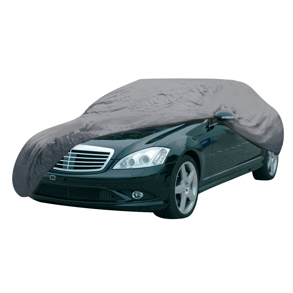 Grey car cover on a black car. The car is in a well-lit outdoor environment.