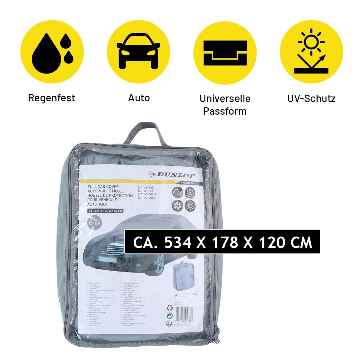 Car cover in a clear bag with icons, and dimensions. The bag is labeled with brand DUNLOP.