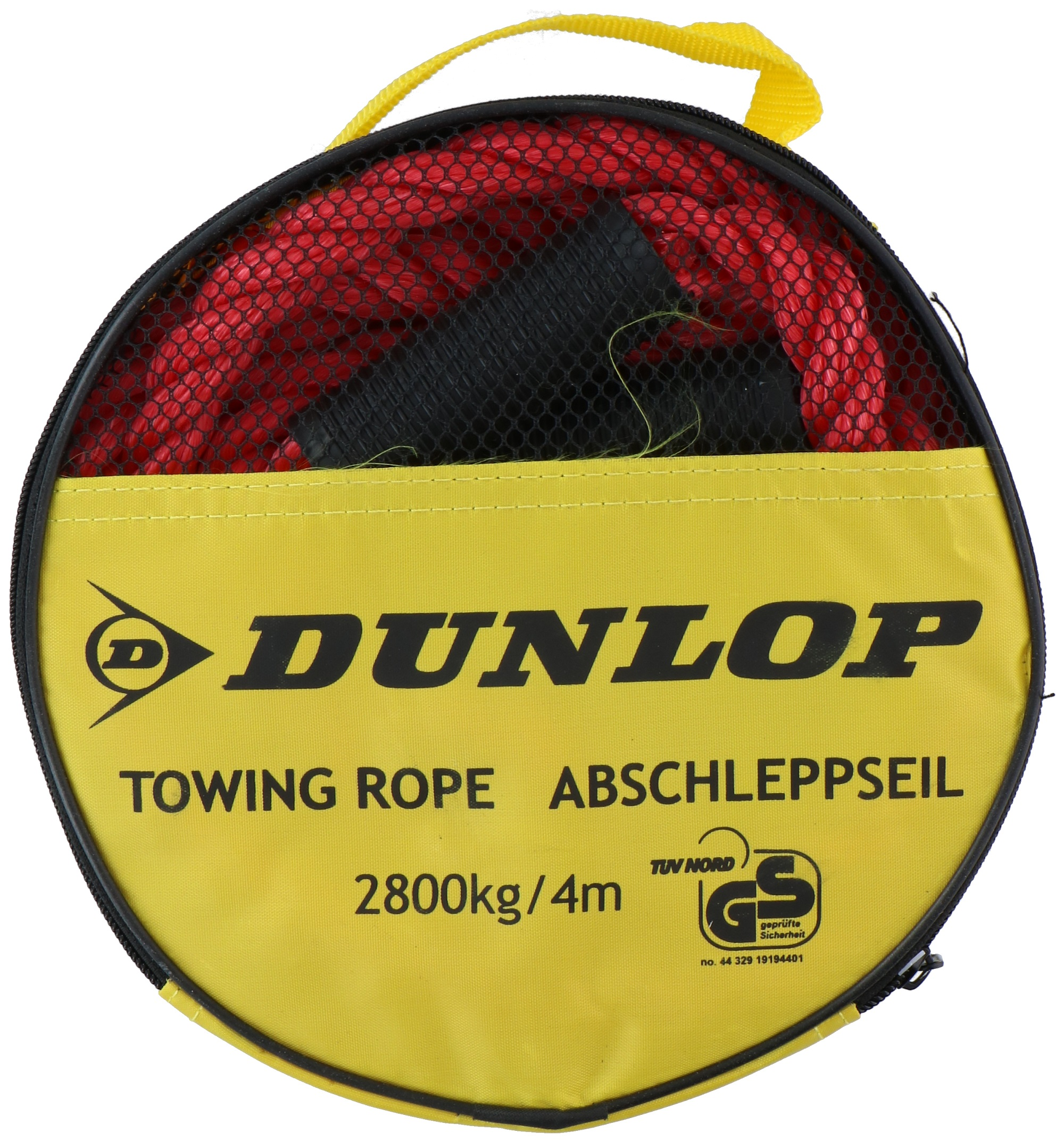 Gele Dunlop sleepkabel in een ronde zwarte en gele hoes. Veiligheidsuitrusting, 2800kg/4m.