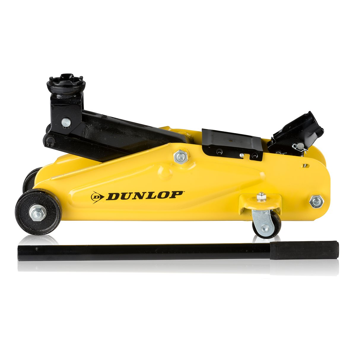 Een gele Dunlop krik, met een zwarte handgreep. Getoond op een witte achtergrond.