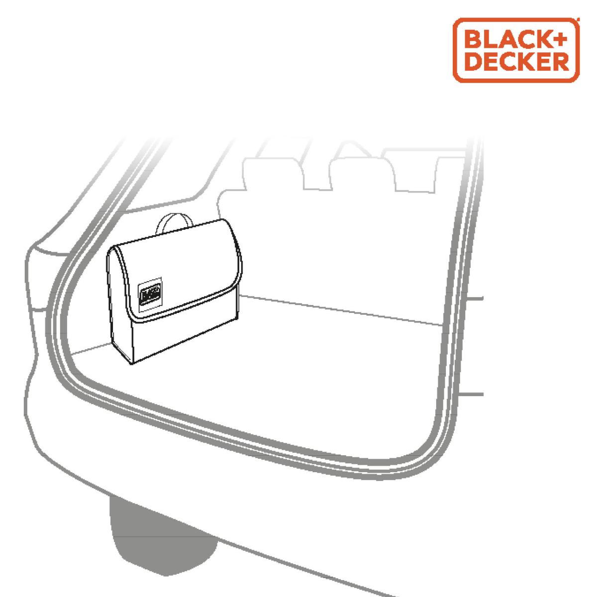 Lijntekening van het interieur van een kofferbak. Een BLACK+DECKER-tas staat erin. Witte achtergrond.