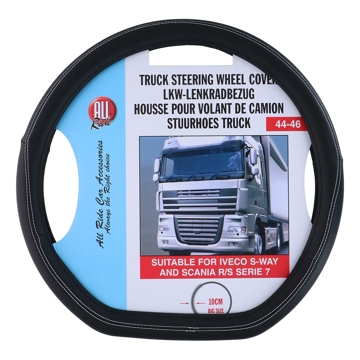 Zwarte stuurwielhoes met witte stiksels. Tekst: Vrachtwagen stuurwielhoes. Afbeelding van een vrachtwagen.
