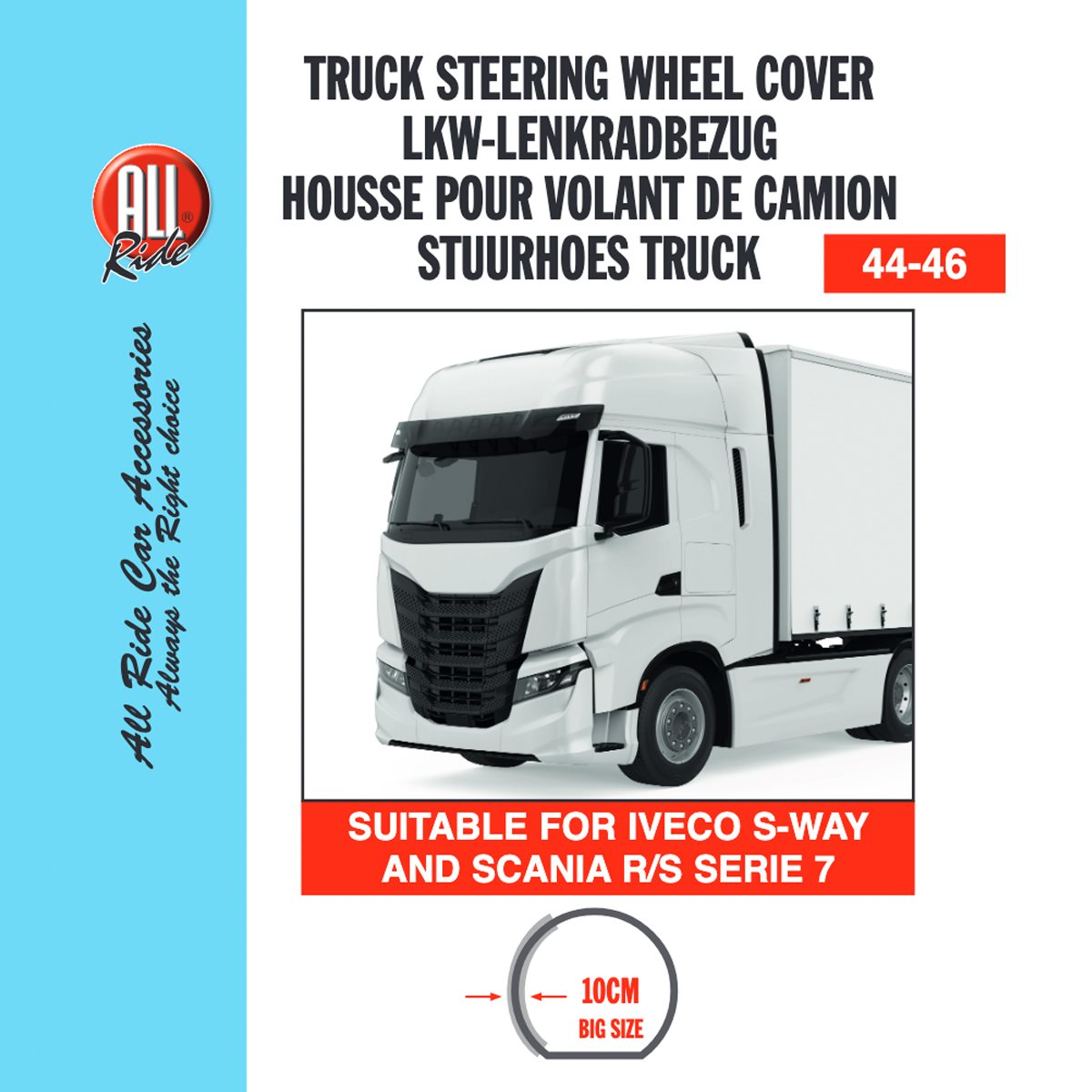 Reclame voor een stuurwielhoes voor vrachtwagens. Afbeelding van een vrachtwagen en tekst in meerdere talen zichtbaar.