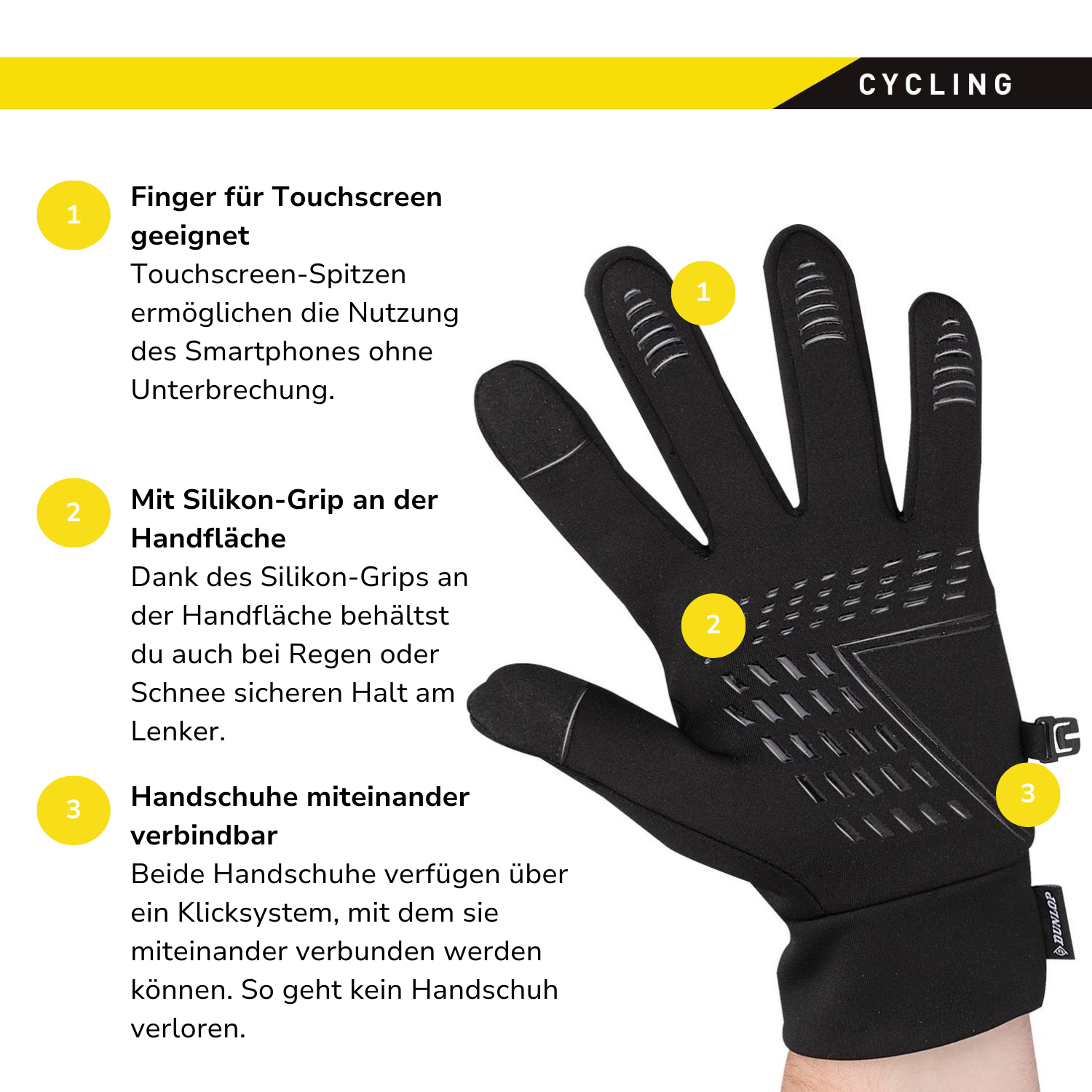 Zwarte fietshandschoenen met touchscreen-tips en siliconen grips. Genummerde labels.