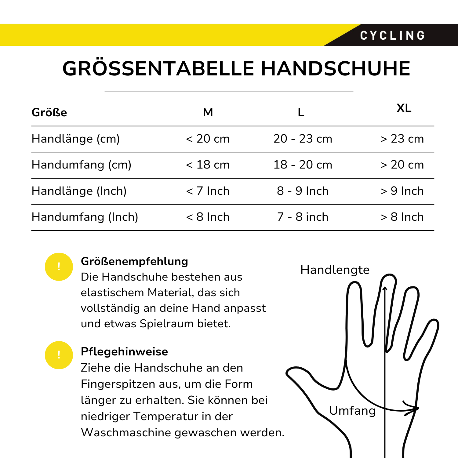 Maattabel voor handschoenen in het Duits. Toont handlengte en omtrek in cm en inches.