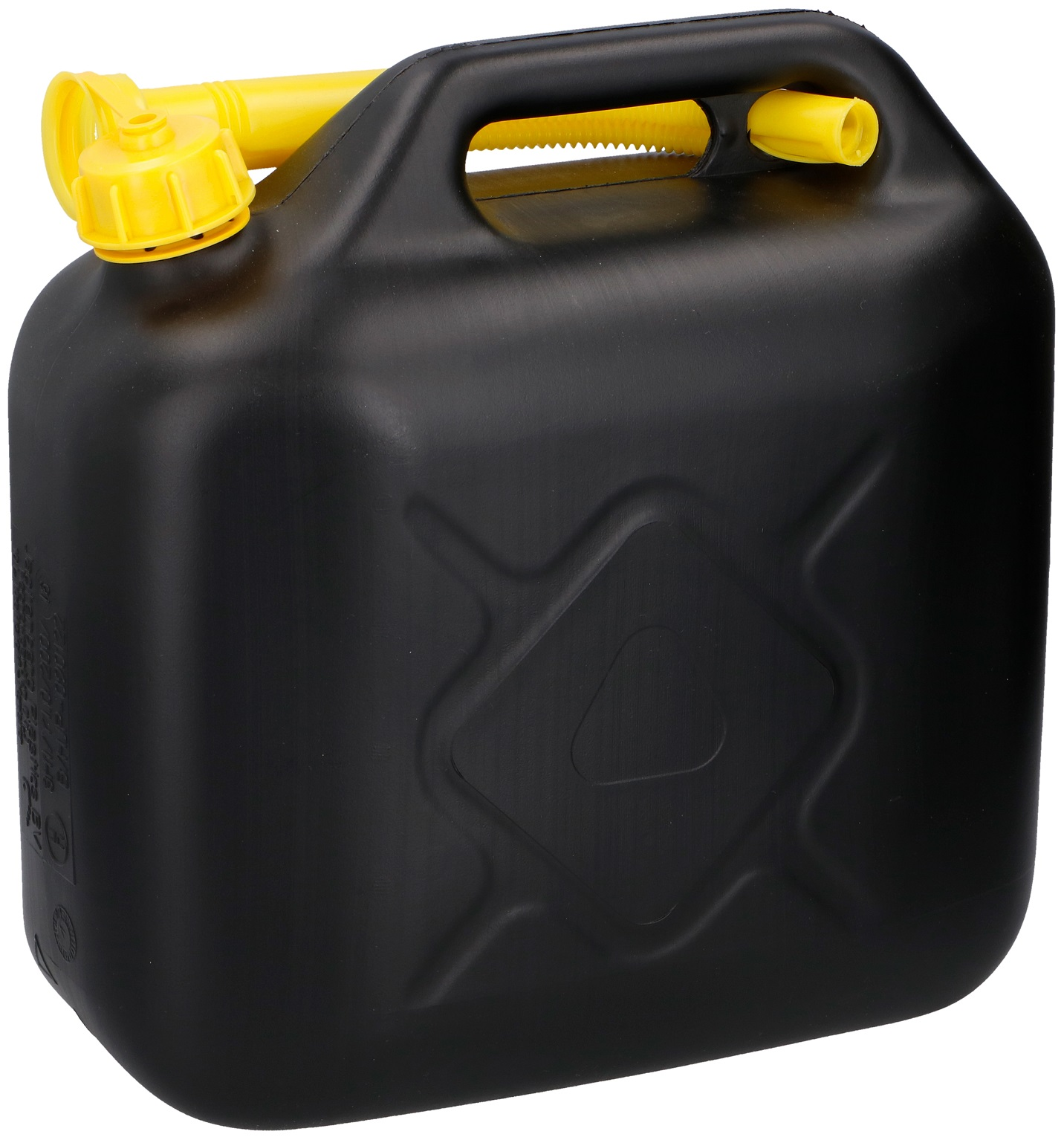 Un conteneur de carburant noir avec un bec et un bouchon jaunes. Le conteneur a un design en forme de losange.